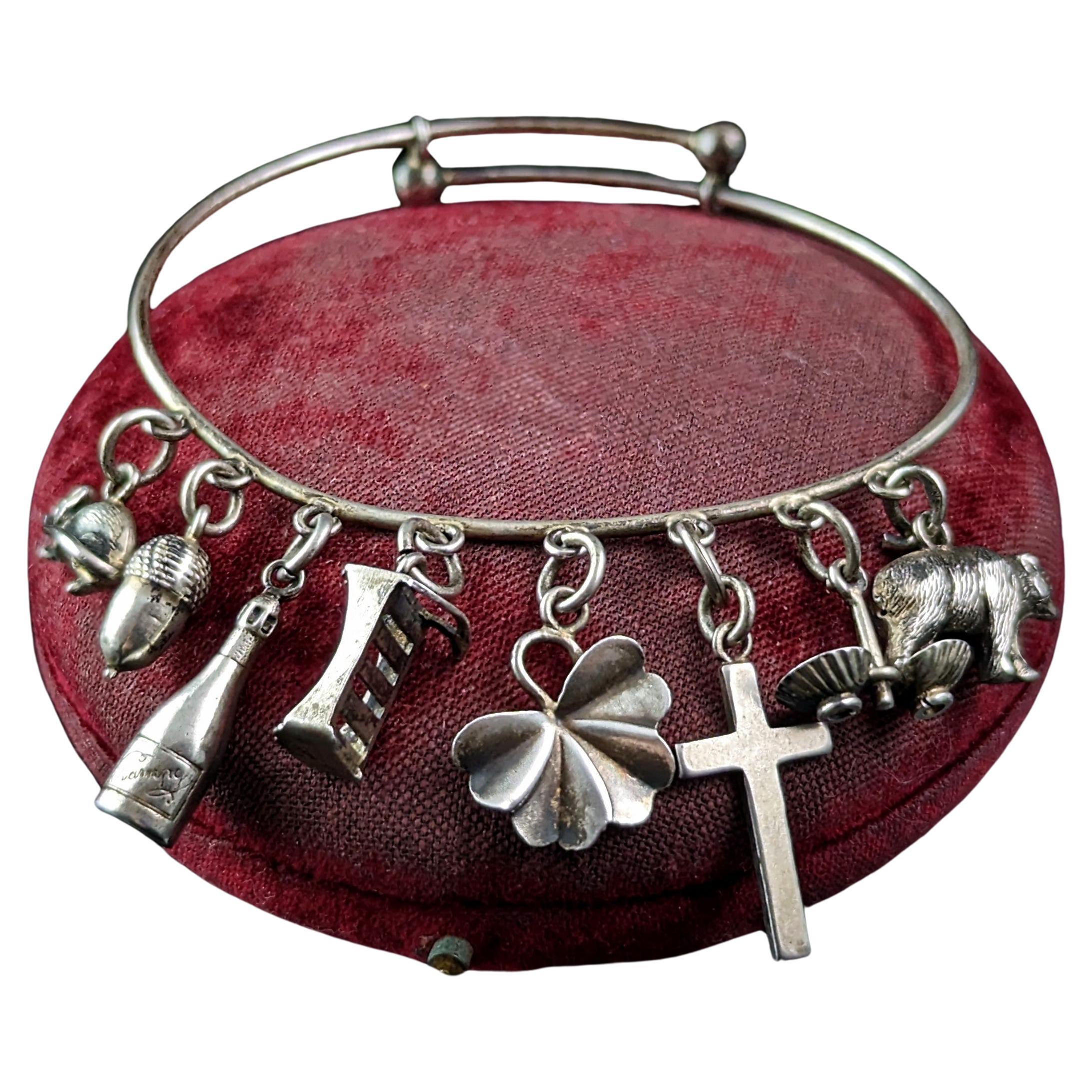 Antique Victorian sterling silver charm bracelet, bangle, Charms 