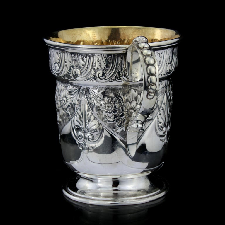 British Antique Victorian Sterling Silver Chased Mug, Charles Edwards For Sale