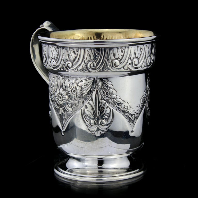 Late 19th Century Antique Victorian Sterling Silver Chased Mug, Charles Edwards For Sale