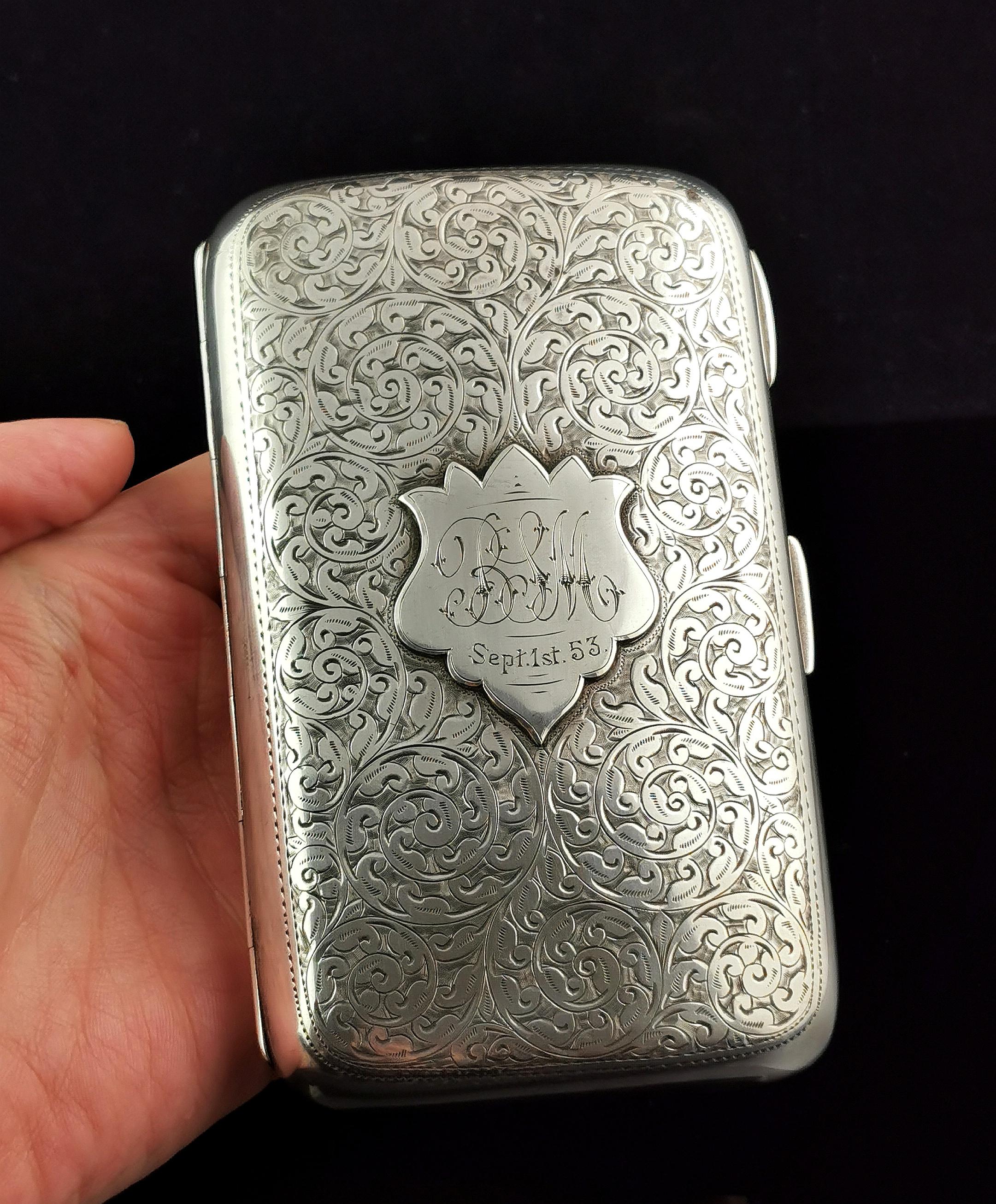 20th Century Antique Victorian sterling silver cigar case, engraved  For Sale