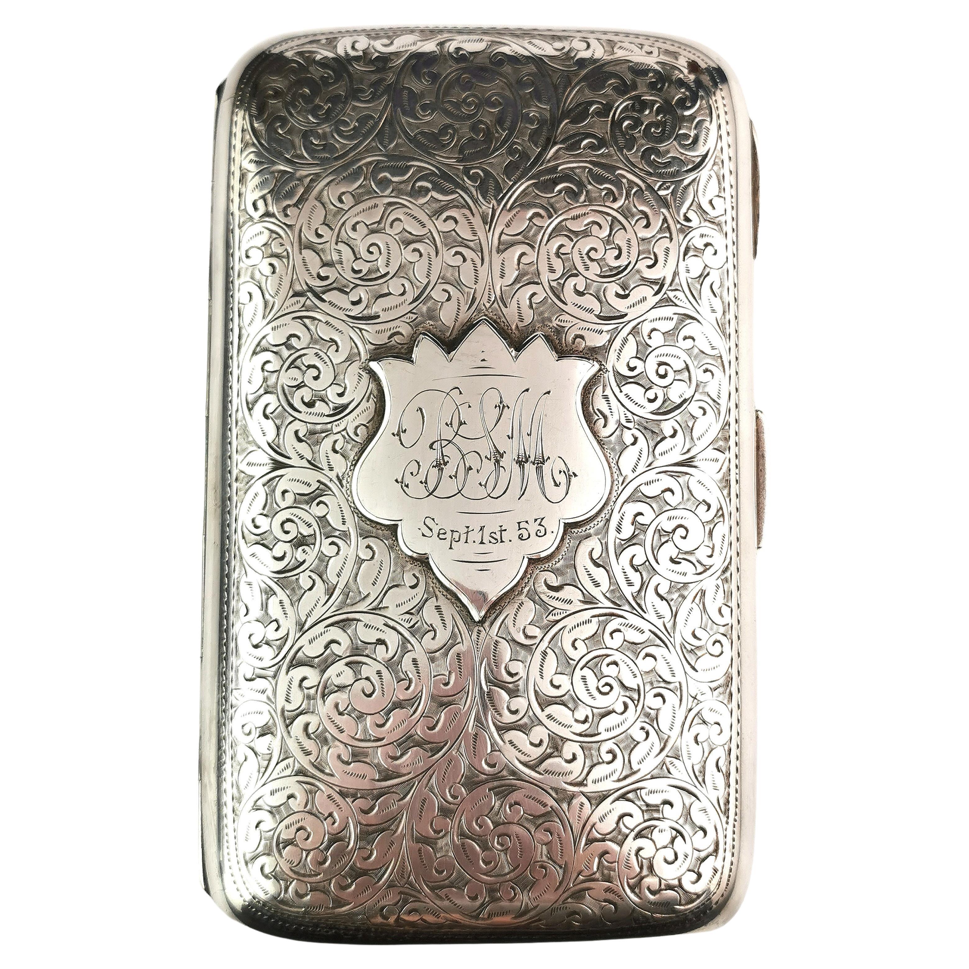 Antique Victorian sterling silver cigar case, engraved  For Sale