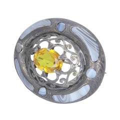 Antique Victorian Sterling Silver Citrine Agate Brooch Pendant