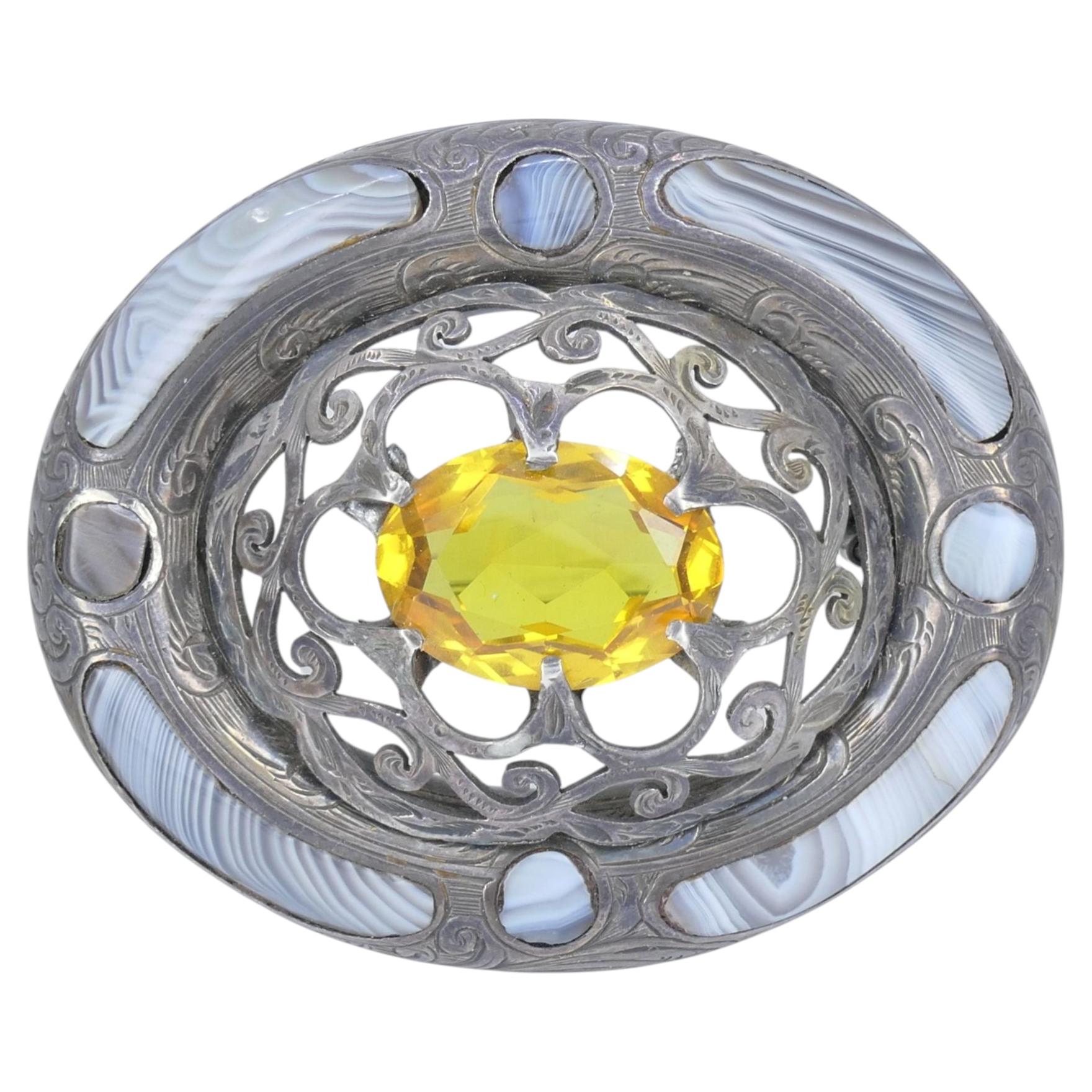 Antique Victorian Sterling Silver Agate Brooch Pendant