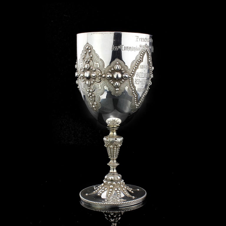 Antique Victorian sterling silver commemoration goblet
Made by James Dixon & Dixon Sons
Made in Sheffield 1873
Fully hallmarked

Dimensions:
Diameter x height 7.6 x 16.6 cm
Weight: 261 grams

Condition: Minor wear from general usage and