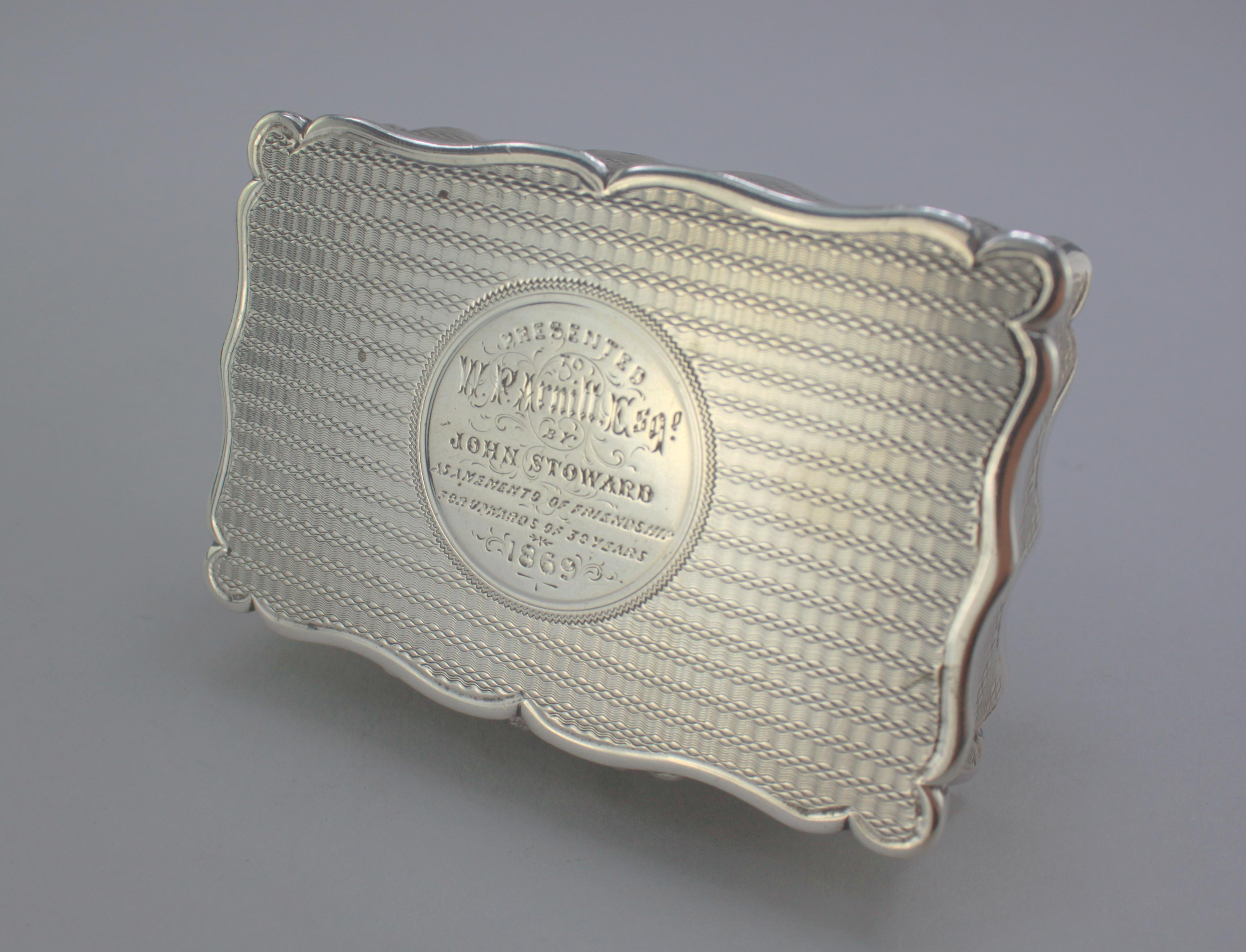 Antique Victorian sterling silver commemorative snuff box
Maker: Robert Thornton
Made in Birmingham 1868
Fully hallmarked.

Engraved on the lid of the box 

