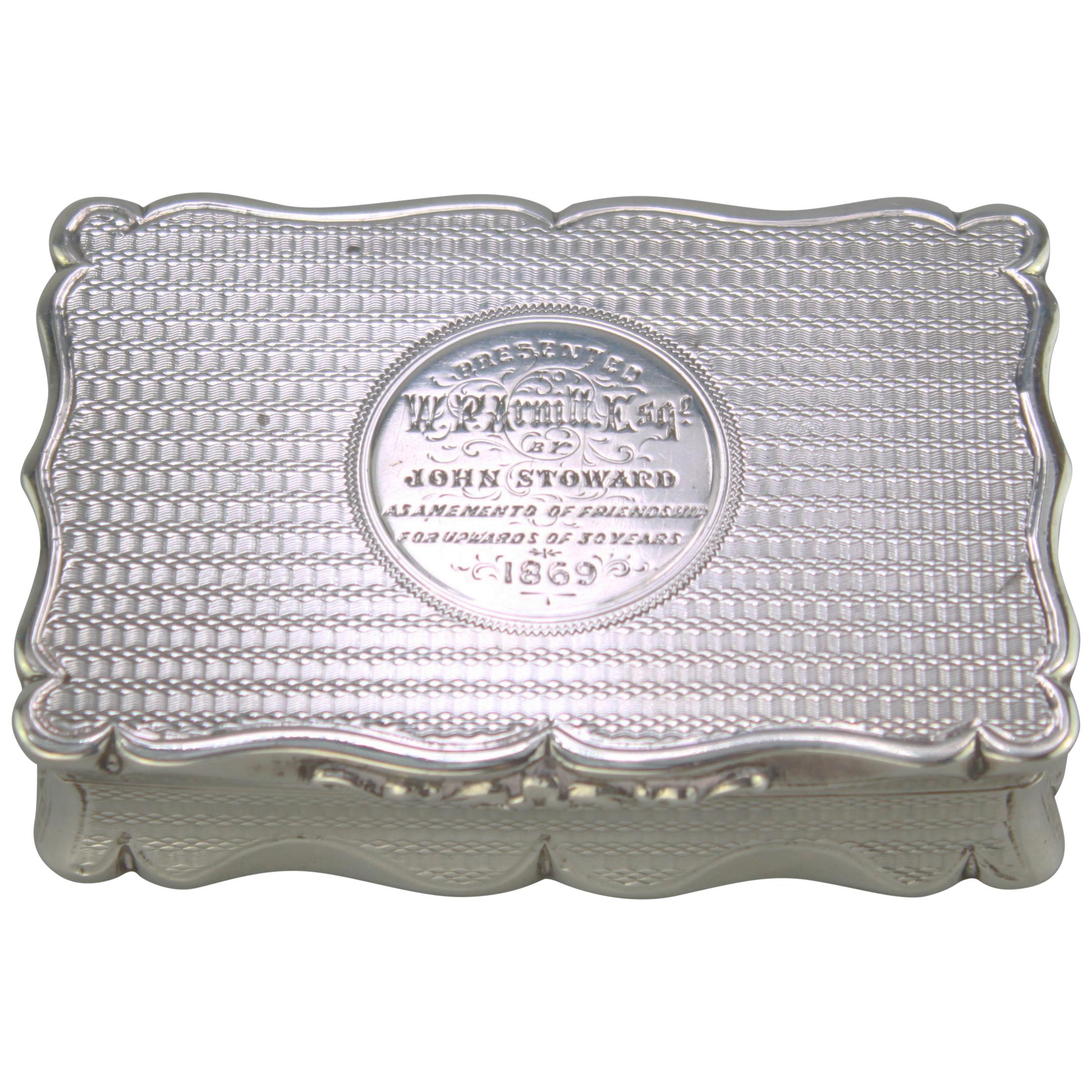 Antique Victorian Sterling Silver Commemorative Snuff Box, Robert Thornton, 1868