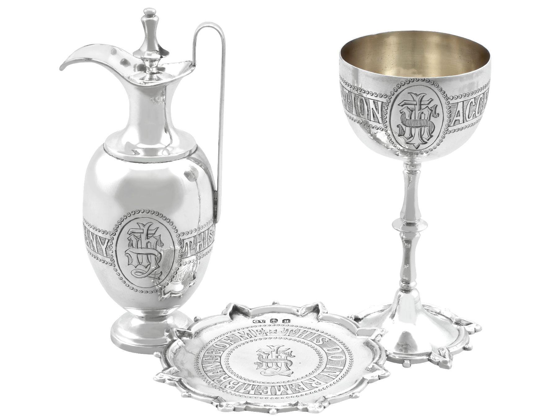 An exceptional, fine and impressive antique Victorian English sterling silver communion set; an addition to our diverse religious silverware collection

This exceptional antique Victorian cast sterling silver communion set consists of a chalice,