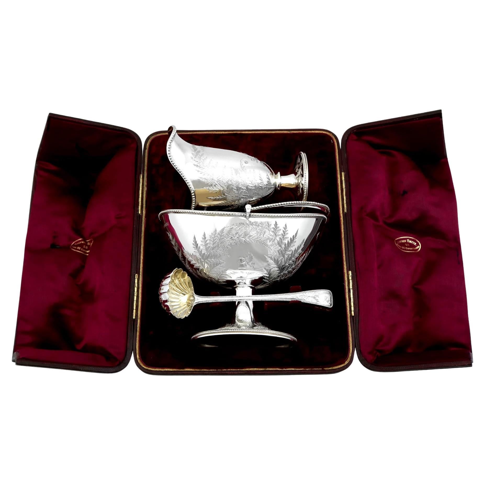 Ensemble de prsentation victorien ancien de crme et de sucre en argent sterling 