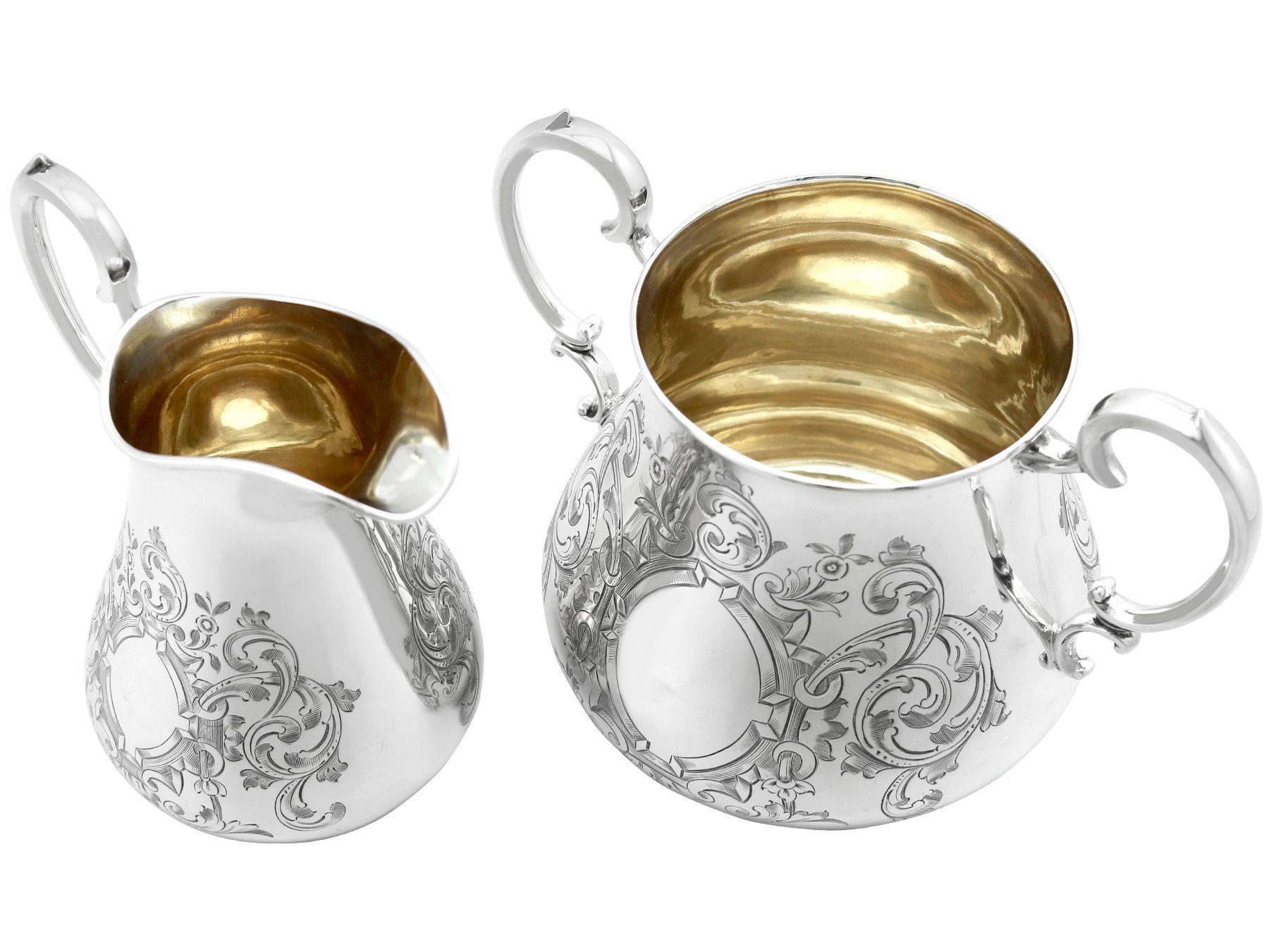 An exceptional, fine and impressive antique Victorian English sterling silver cream jug and sugar bowl; an addition to our silver teaware collection

This exceptional pair consists of an antique Victorian English sterling silver cream jug and sugar