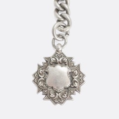 Antique Victorian Sterling Silver Curb Link Albert Chain with Medal