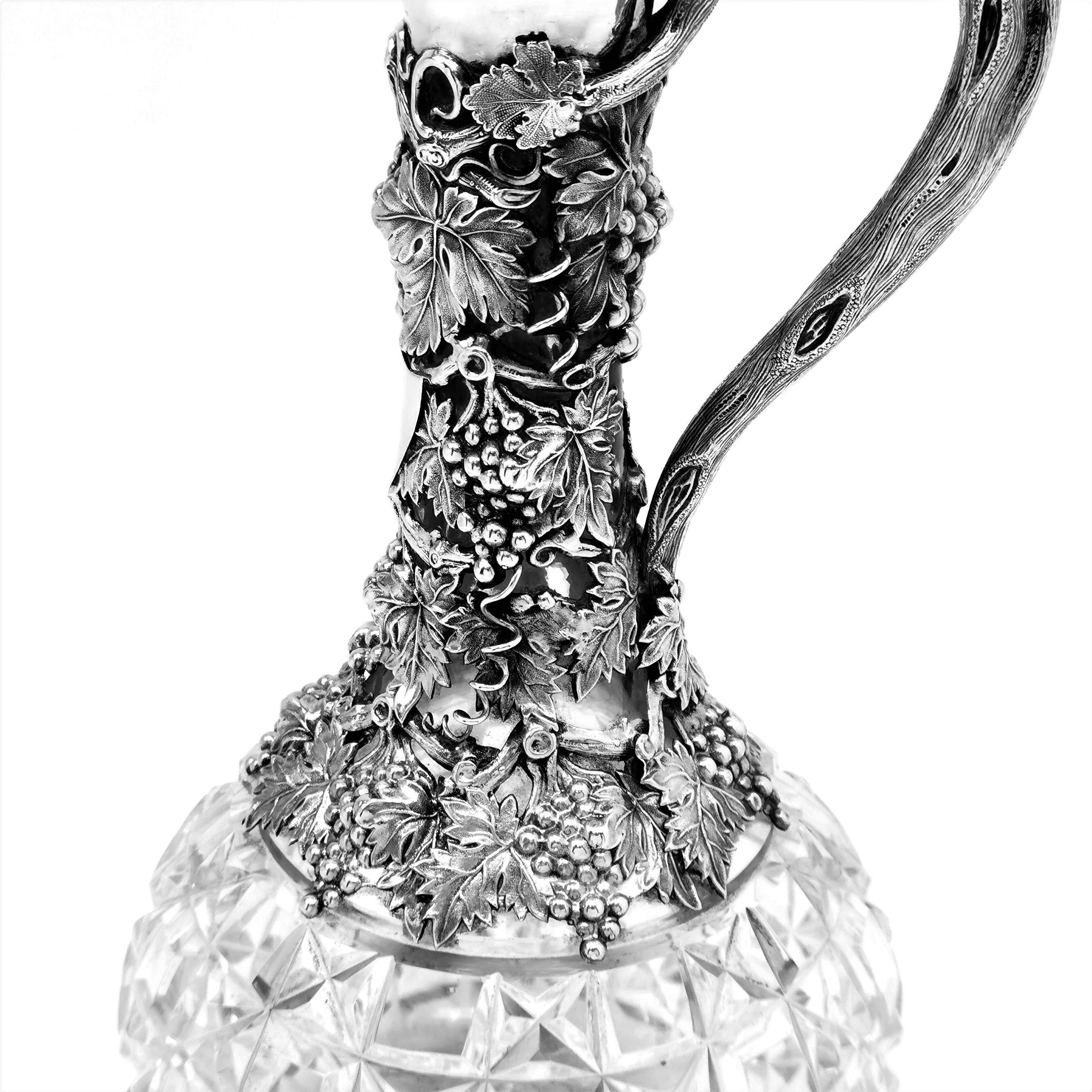 English Antique Victorian Sterling Silver & Cut Glass Claret Jug 1880 Wine Decanter