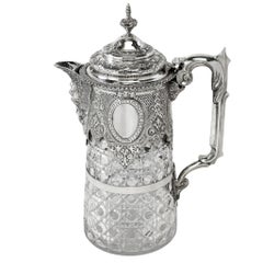 Antique Victorian Sterling Silver & Cut Glass Wine Claret Jug Decanter 1881