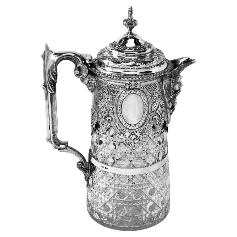 Antique Victorian Sterling Silver & Cut Glass Wine Claret Jug Decanter 1881
