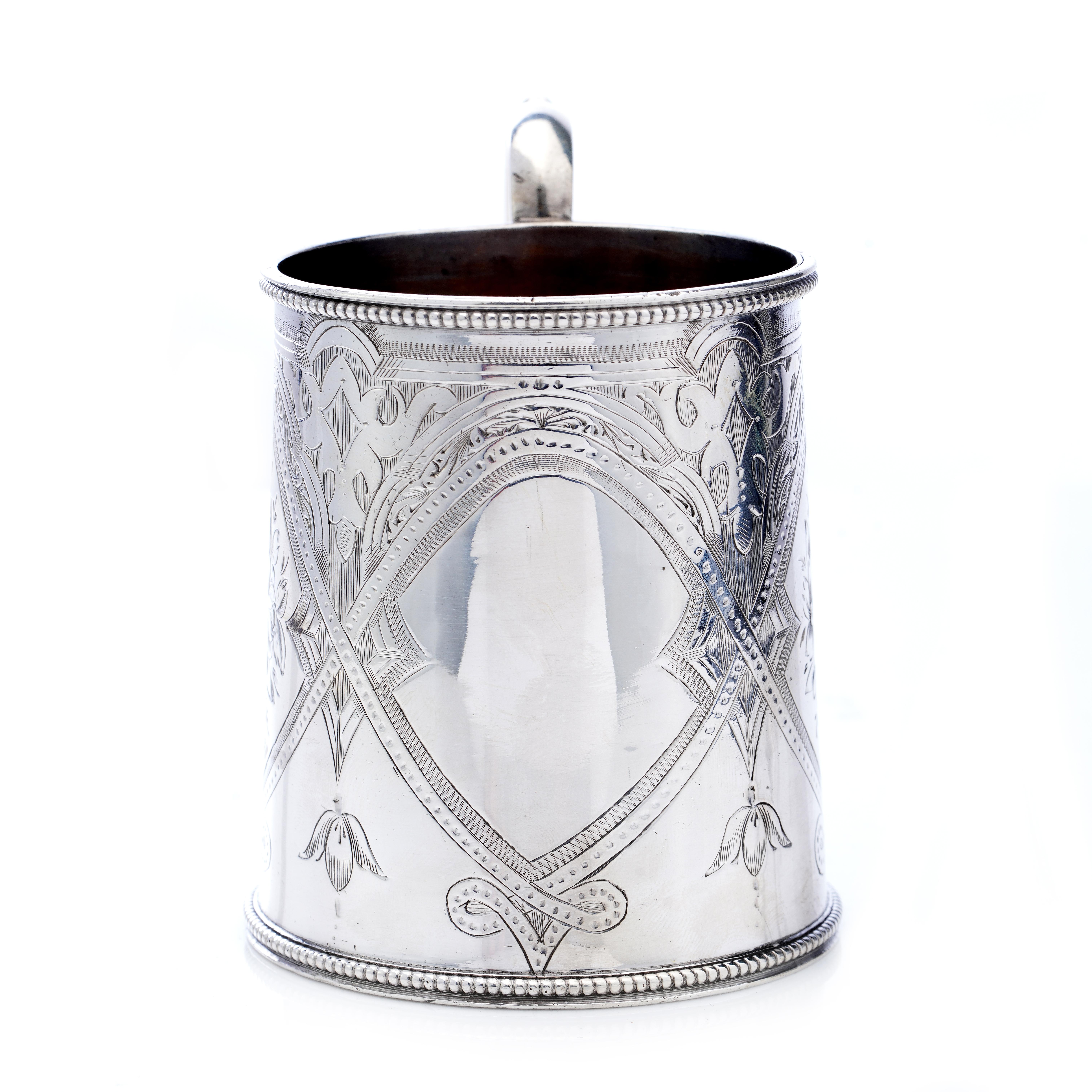 Antique Victorian Sterling Silver Decorative mug with handle.
Made in England, London, 1871
Maker: George Fisher
Fully hallmarked.

Approx. Dimensions -
Length x width x height: 10 x 7.2 x 9.2 cm
Weight: 143 grams in total.

Condition: Mug