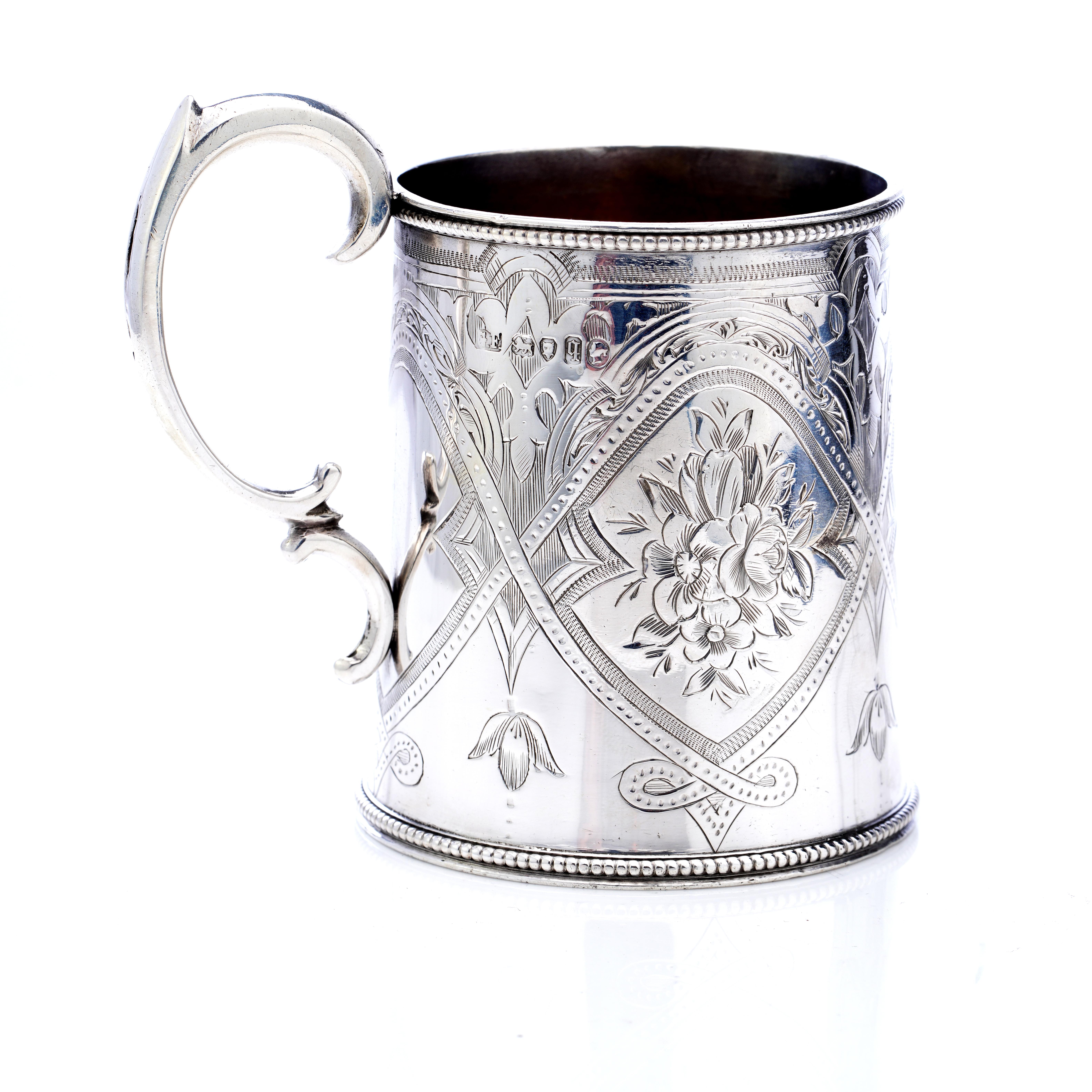 British Antique Victorian Sterling Silver Decorative mug with handle For Sale
