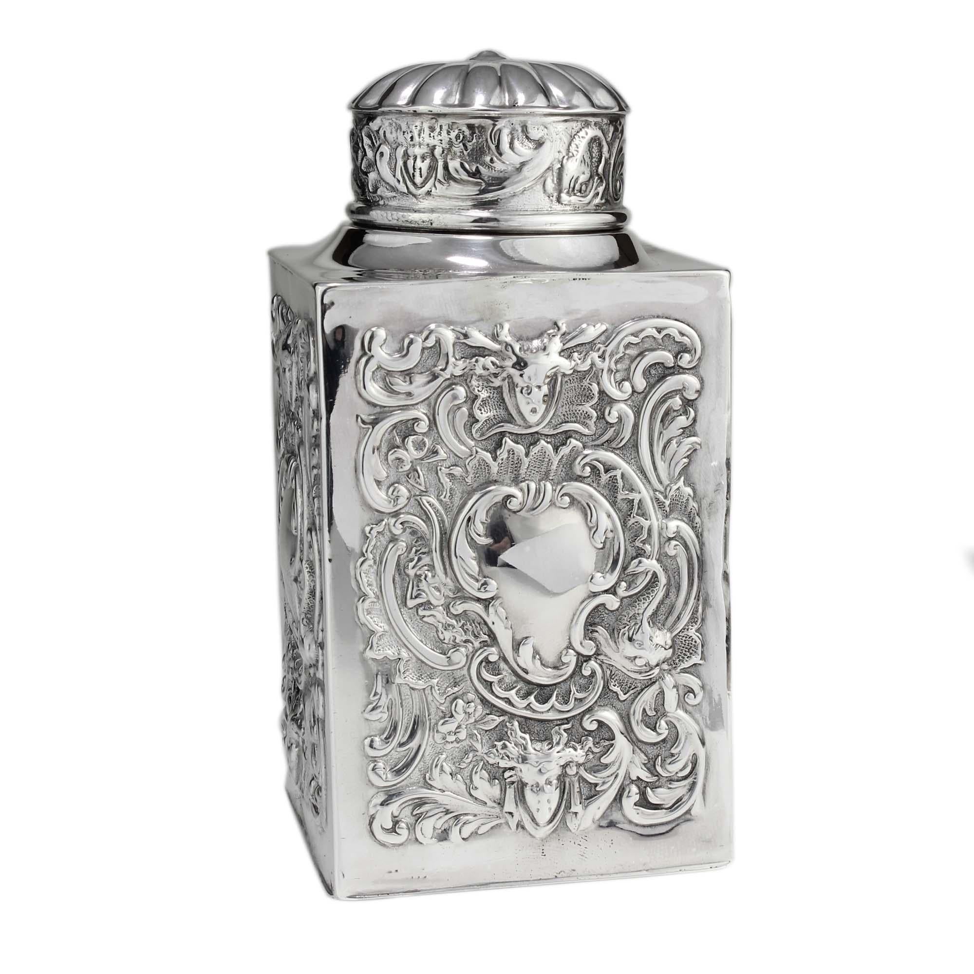 European Antique Victorian Sterling Silver Embossed Tea Caddy For Sale