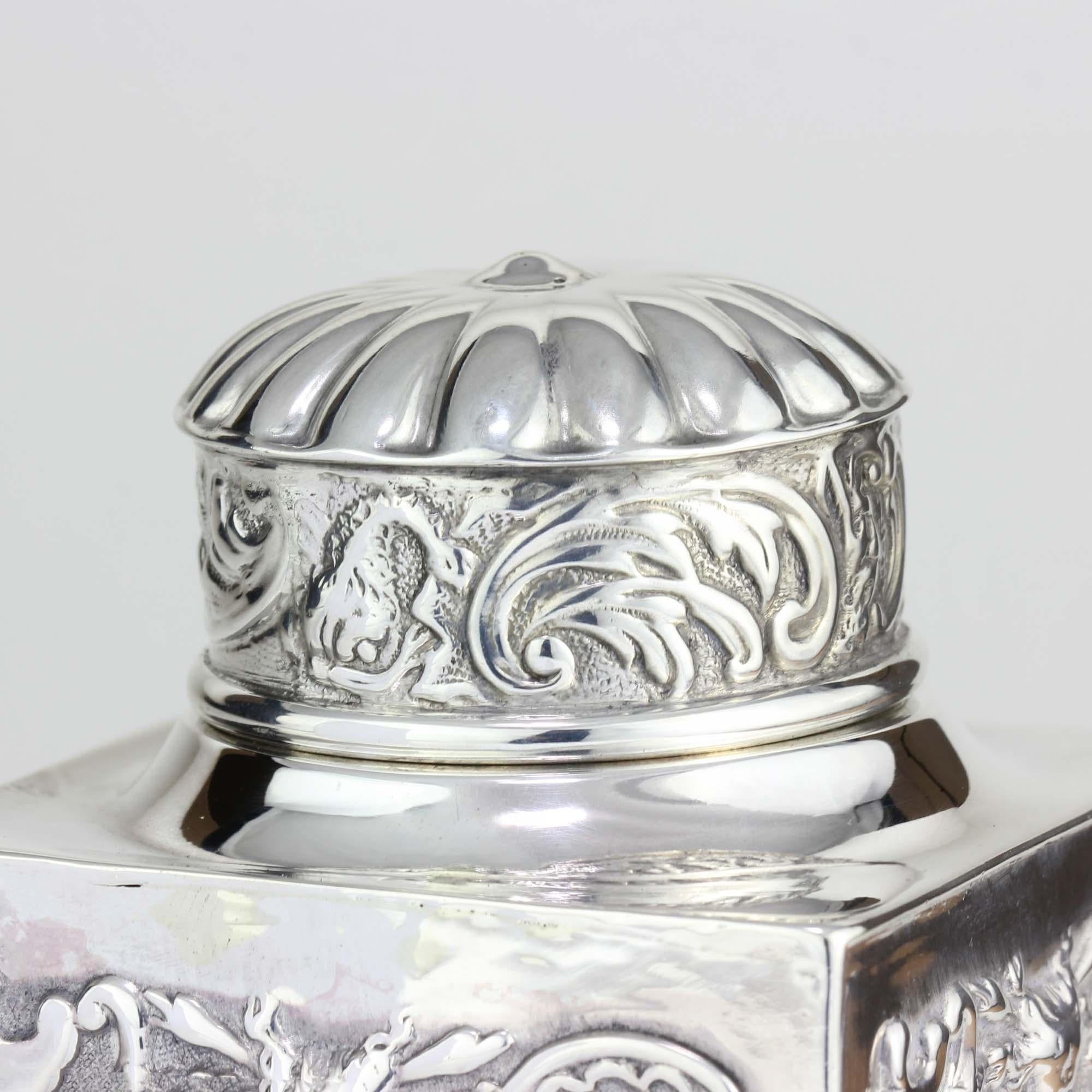 Late 19th Century Antique Victorian Sterling Silver Embossed Tea Caddy For Sale