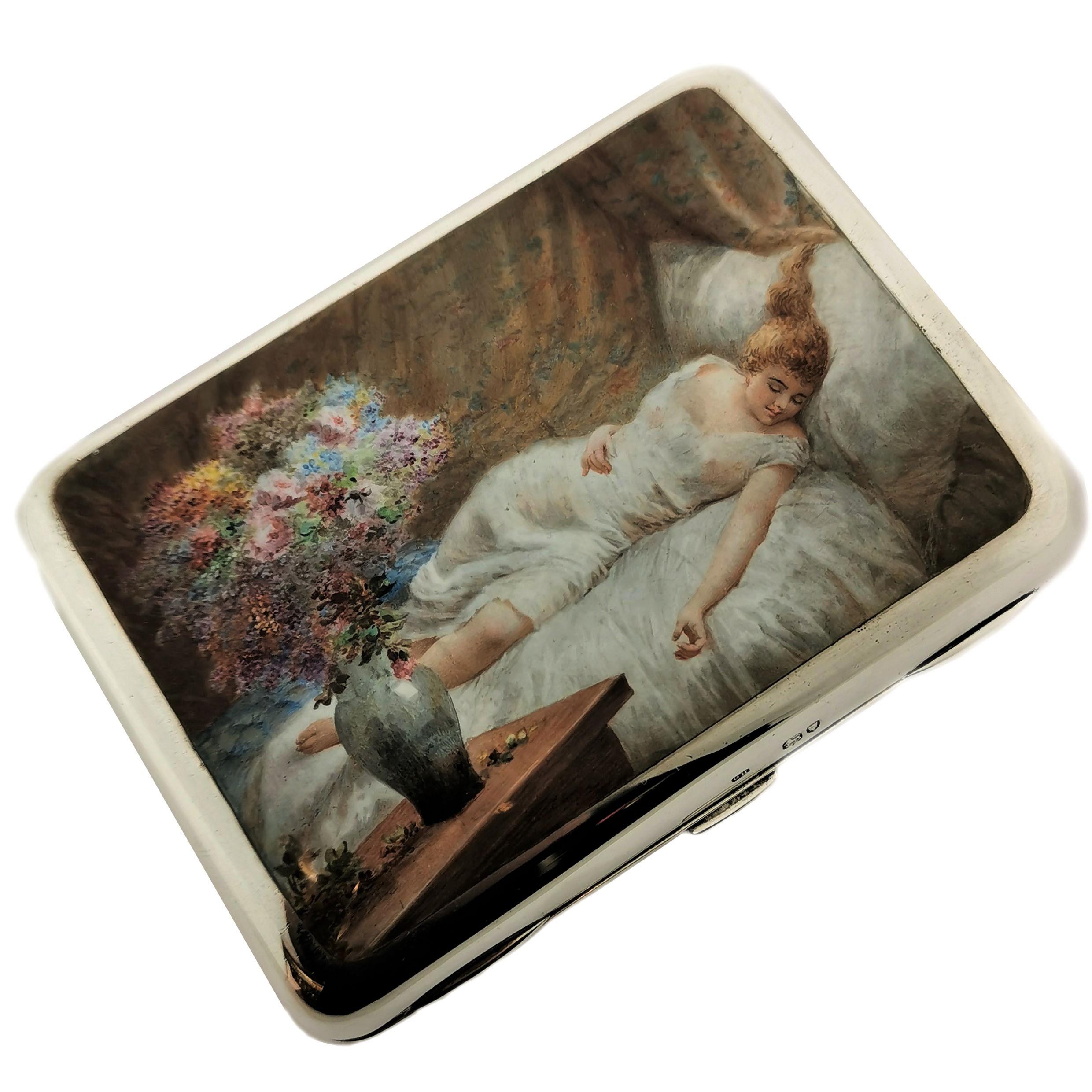 English Antique Victorian Sterling Silver and Enamel Cigar Case 1889 Erotic Cigar Holder