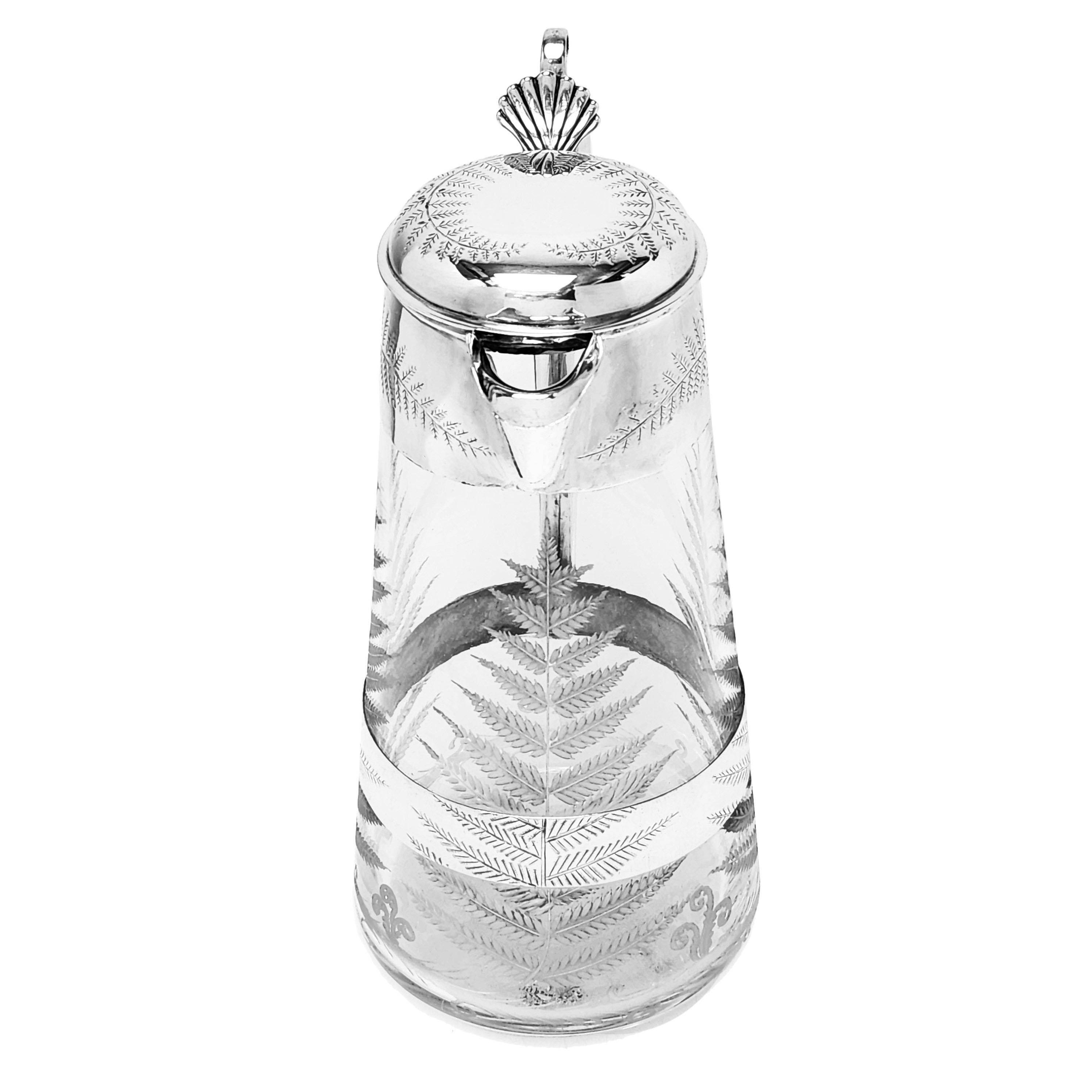 English Antique Victorian Sterling Silver & Etched Glass Claret Jug Wine Decanter 1865 For Sale