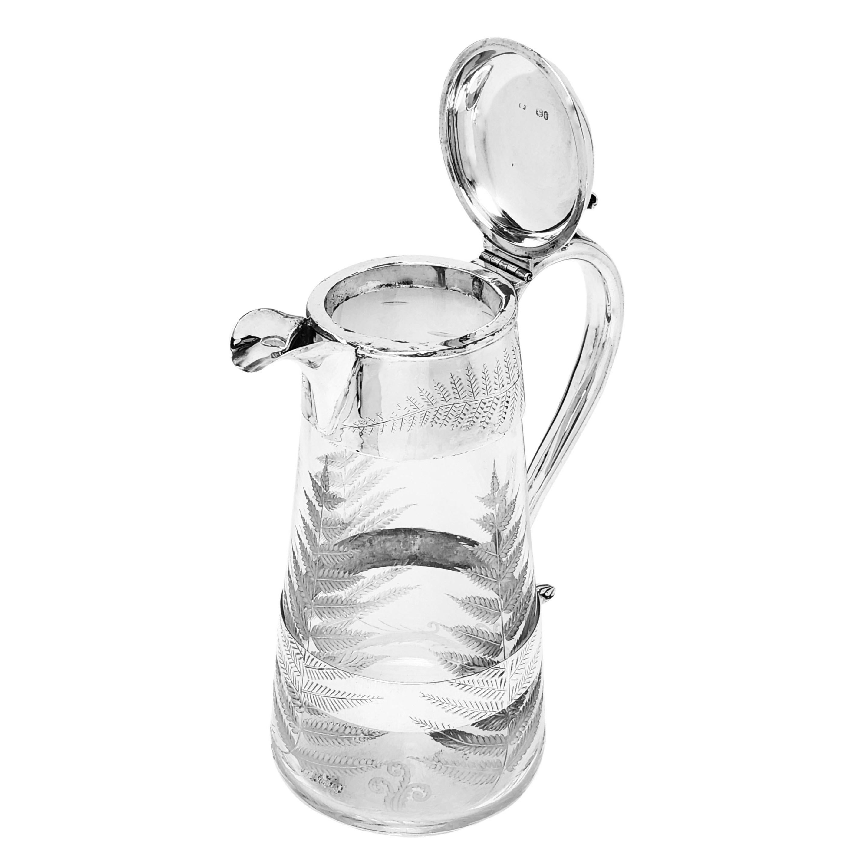 Antique Victorian Sterling Silver & Etched Glass Claret Jug Wine Decanter 1865 In Good Condition For Sale In London, GB