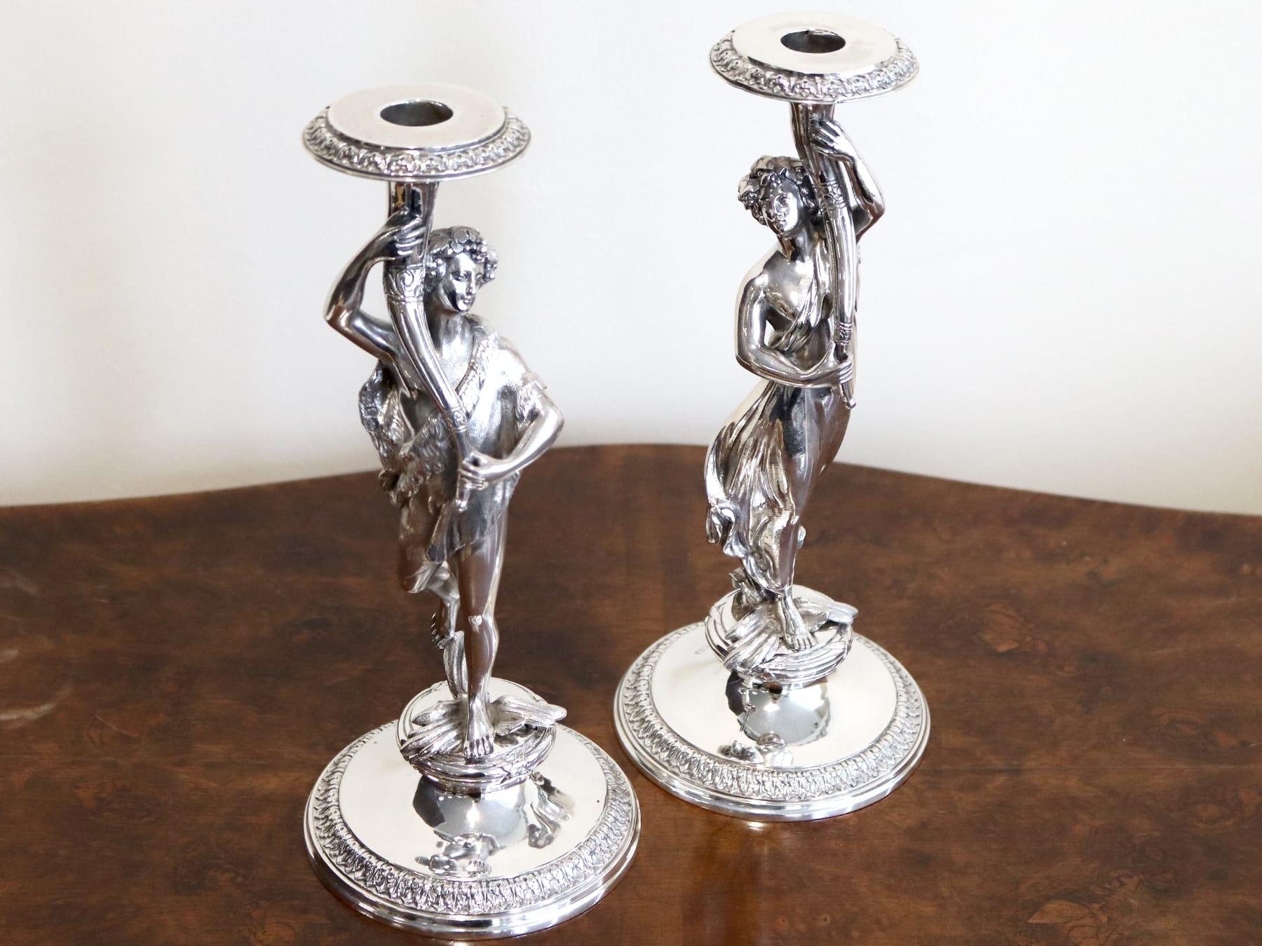 English Antique Victorian Sterling Silver Figural Candlesticks (1865) For Sale