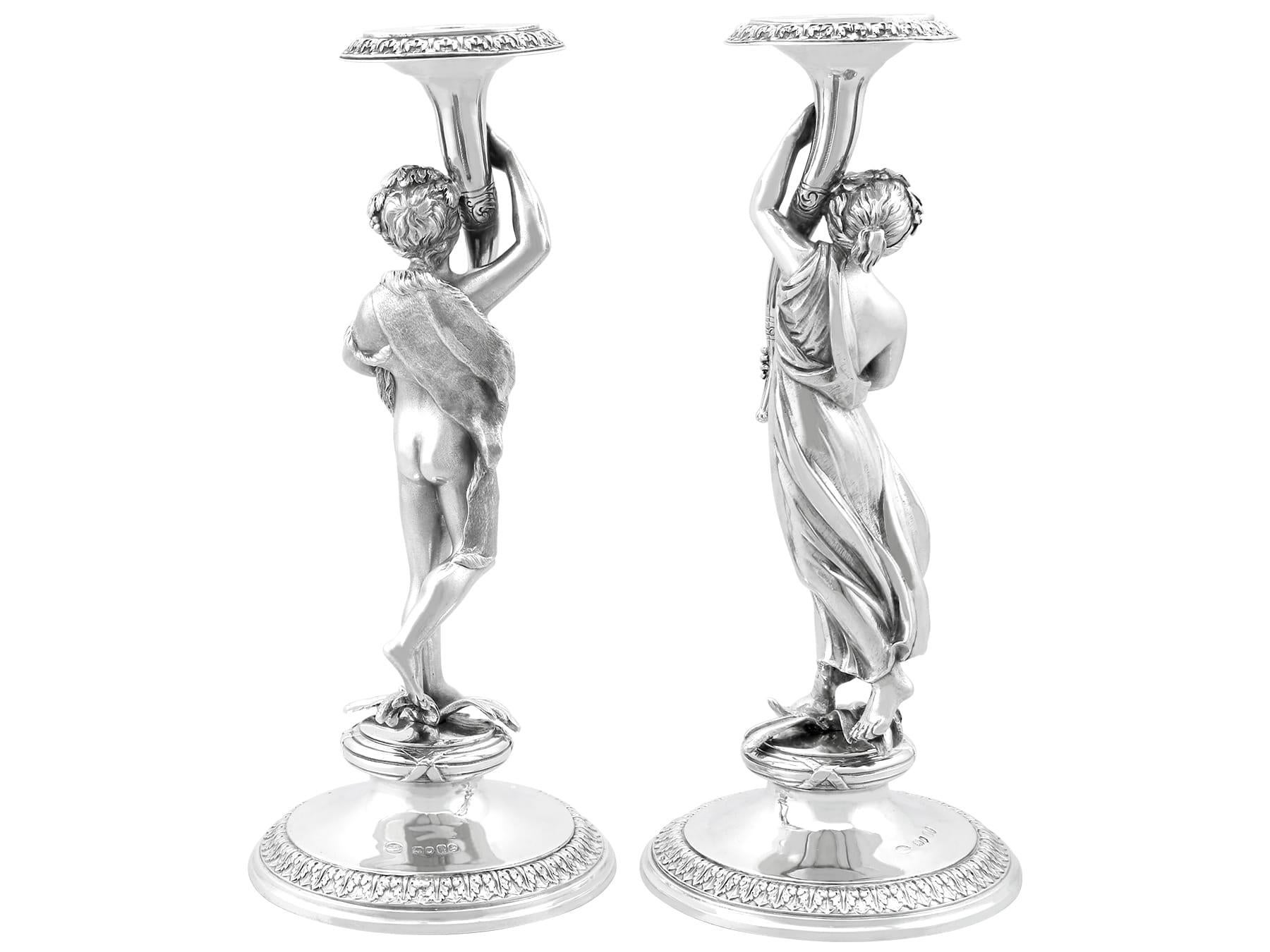 Mid-19th Century Antique Victorian Sterling Silver Figural Candlesticks (1865) For Sale