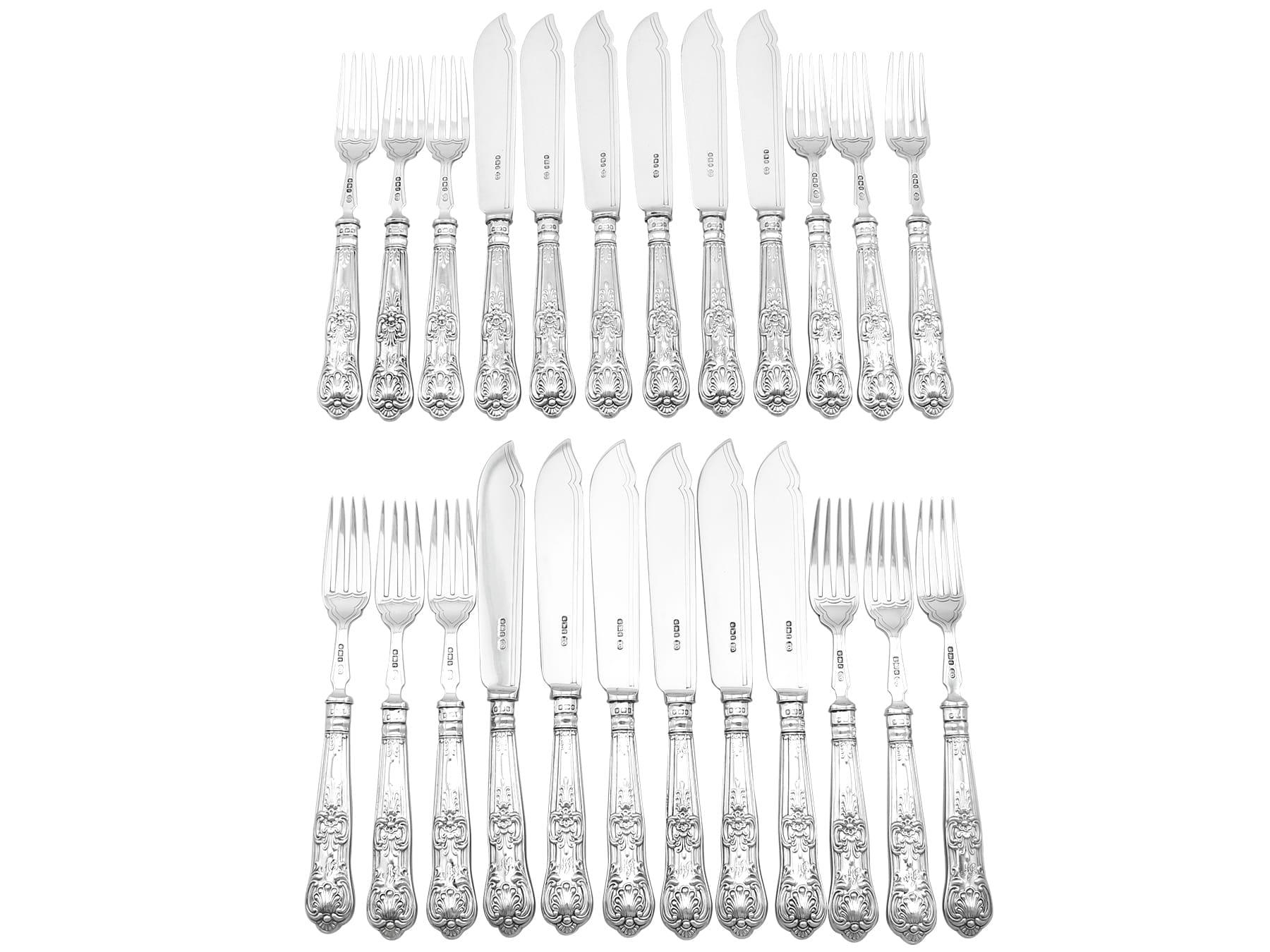 An exceptional, fine and impressive antique Victorian English sterling silver Queen's pattern fish cutlery set for twelve persons made by Hamilton & Inches - boxed; an addition to our dining silverware collection

This exceptional antique