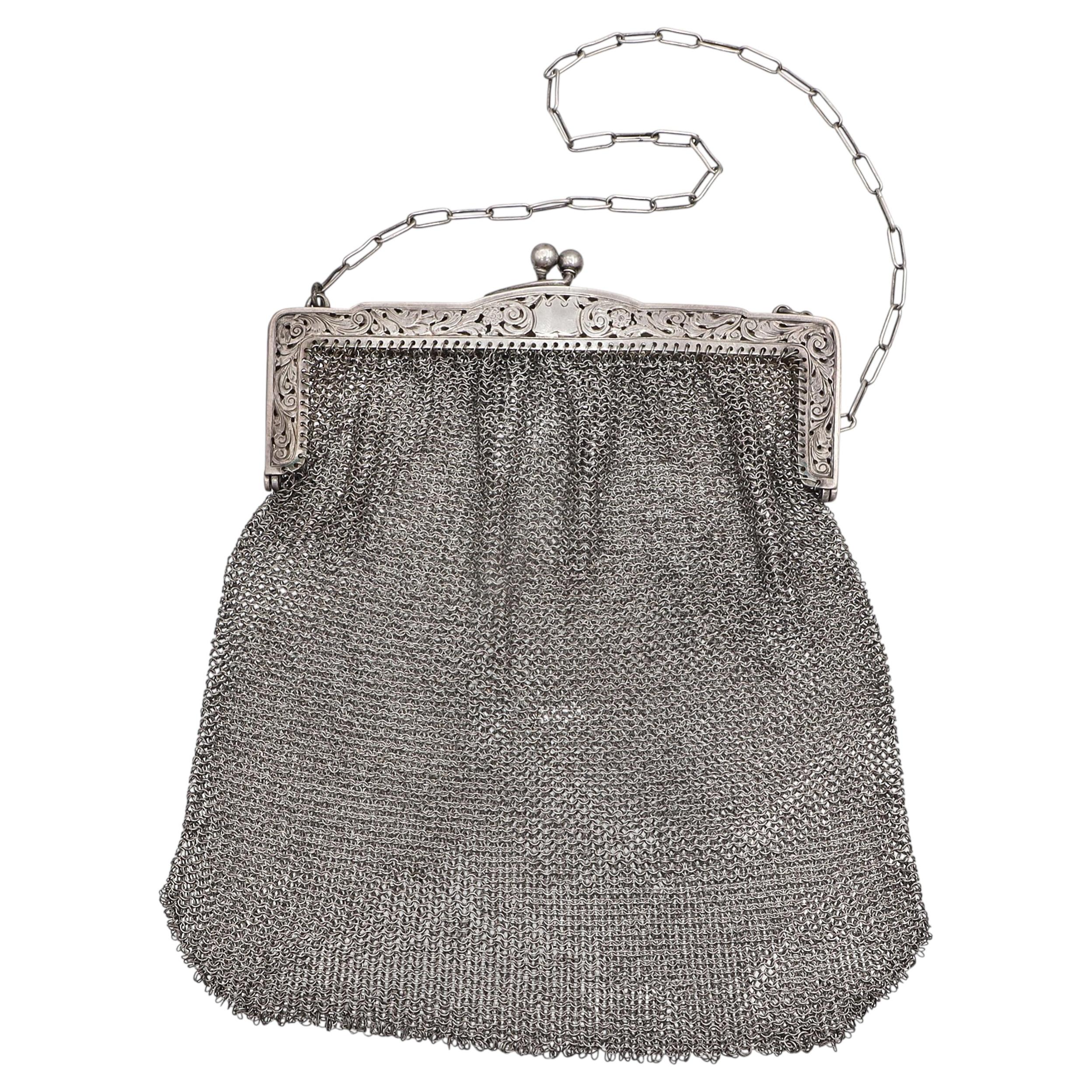 Antique Victorian Sterling Silver Floral Kiss Lock Evening Bag For Sale