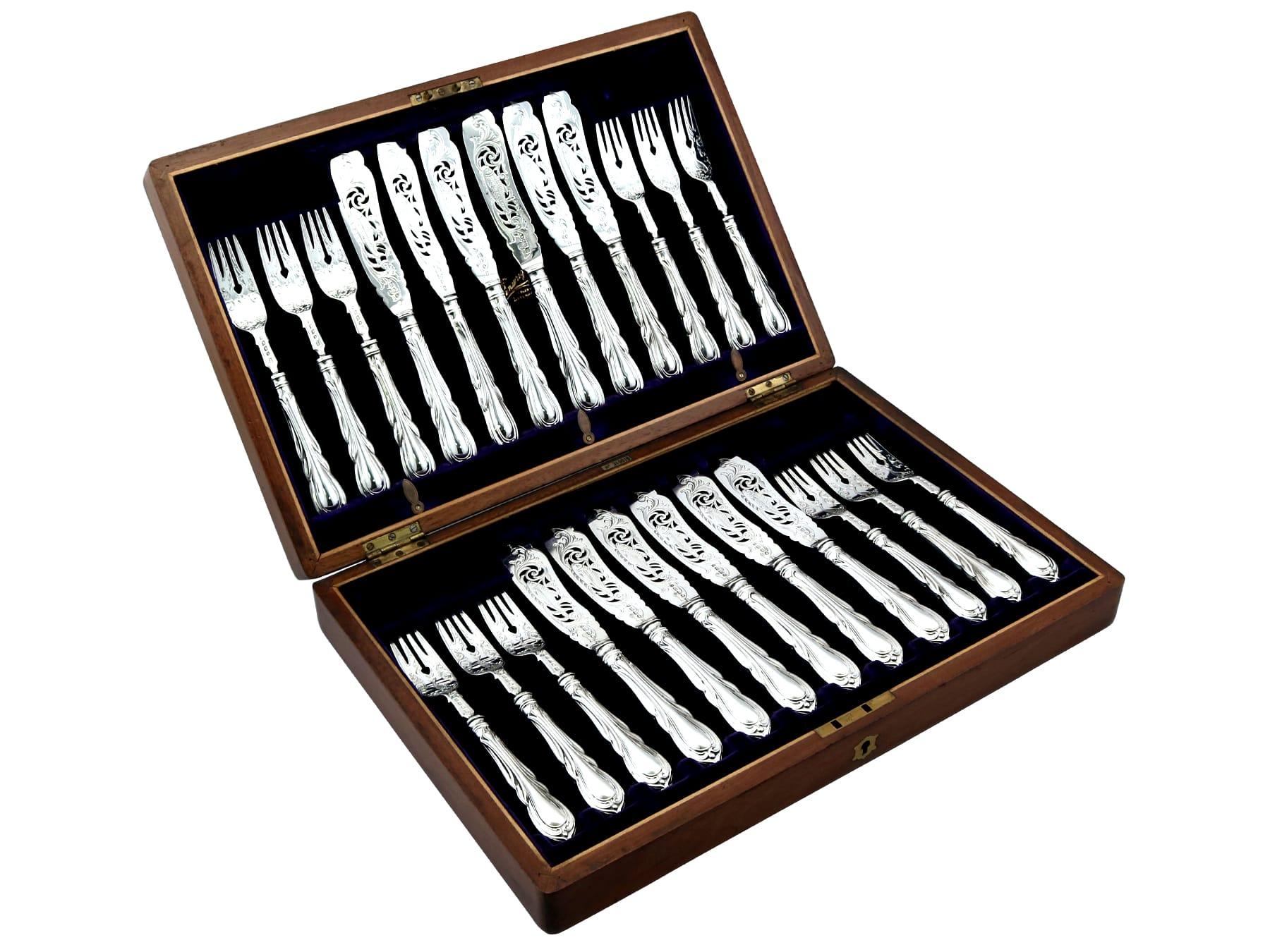 An exceptional, fine and impressive antique Victorian English sterling silver Lily pattern fish cutlery set for eighteen persons - boxed; an addition to our dining silverware collection

This exceptional antique Victorian sterling silver flatware