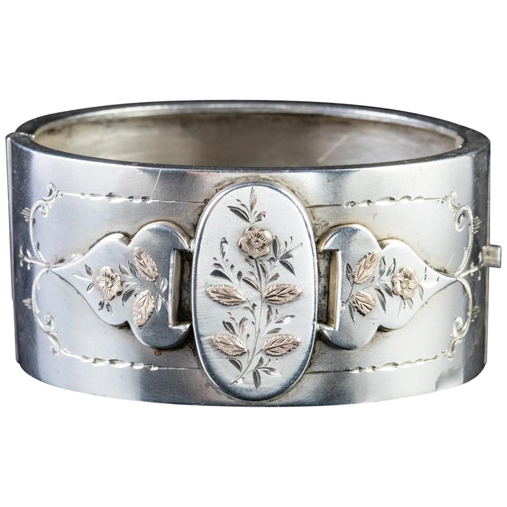 Antique Victorian Sterling Silver Forget Me Not Bangle Dated 1883 For Sale