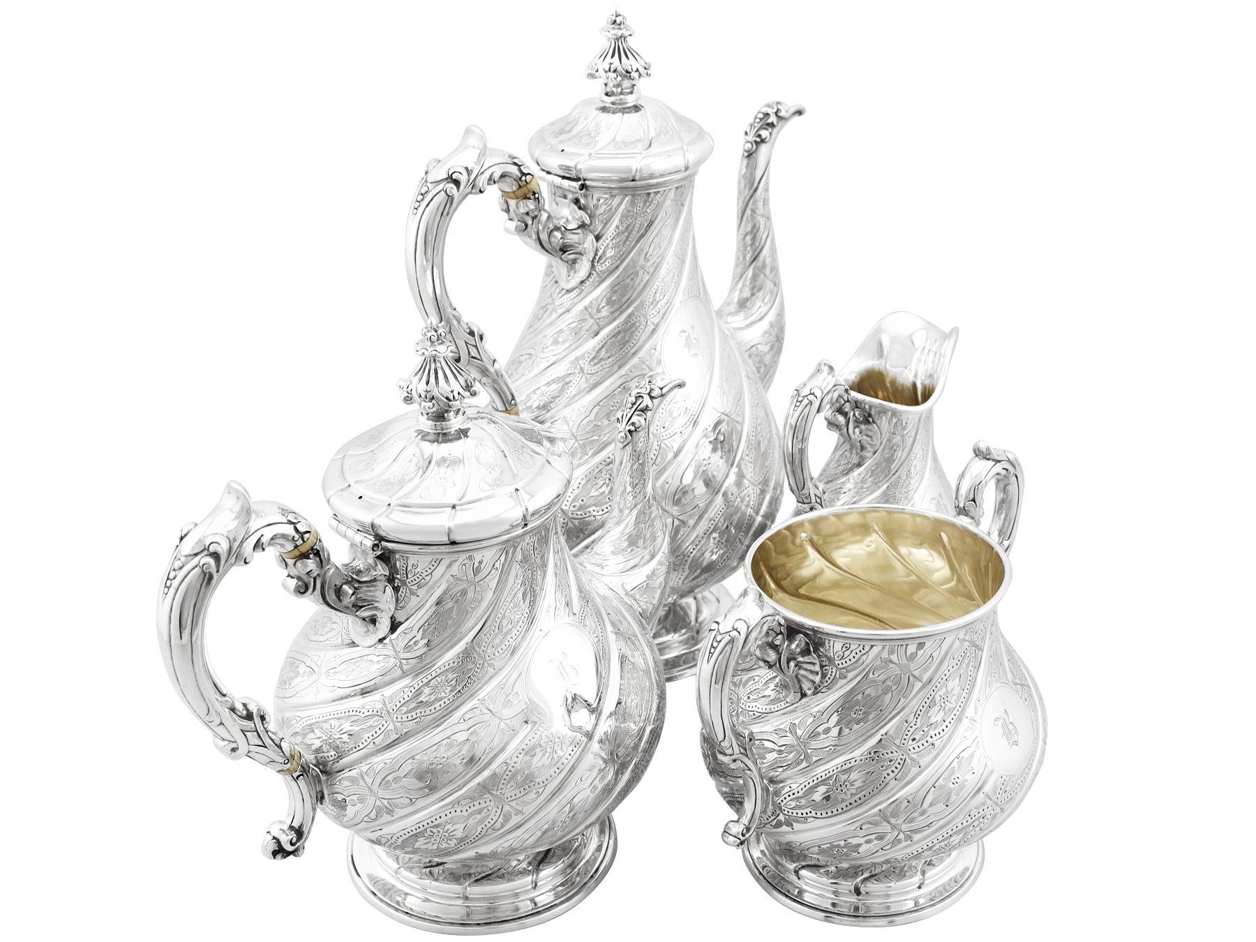 An exceptional, fine and impressive, composite antique Victorian English sterling silver four-piece tea and coffee service/set; part of our silver teaware collection.

This exceptional antique Victorian four-piece sterling silver tea and coffee
