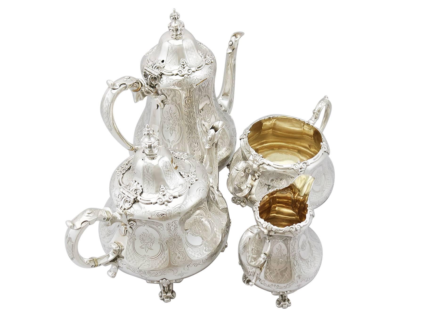 An exceptional, fine and impressive antique Victorian English sterling silver four piece tea and coffee service/set; part of our silver teaware collection.

This exceptional antique Victorian sterling silver four piece tea and coffee set/service
