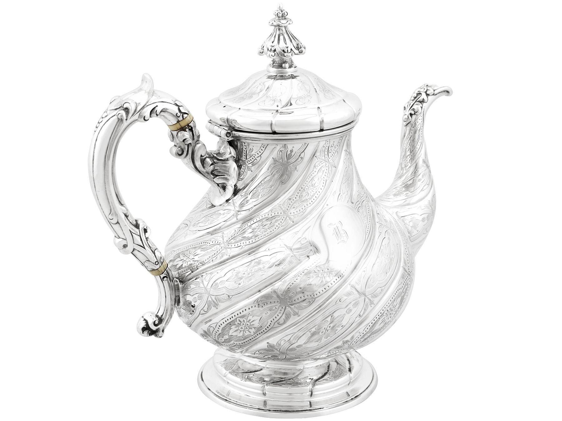 Mid-19th Century Antique Victorian Sterling Silver Four-Piece Tea and Coffee Service For Sale