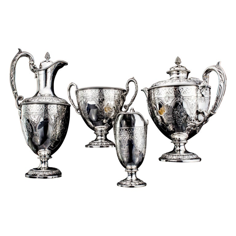 Antique Victorian Sterling Silver Four-Piece Tea Service Set For Sale