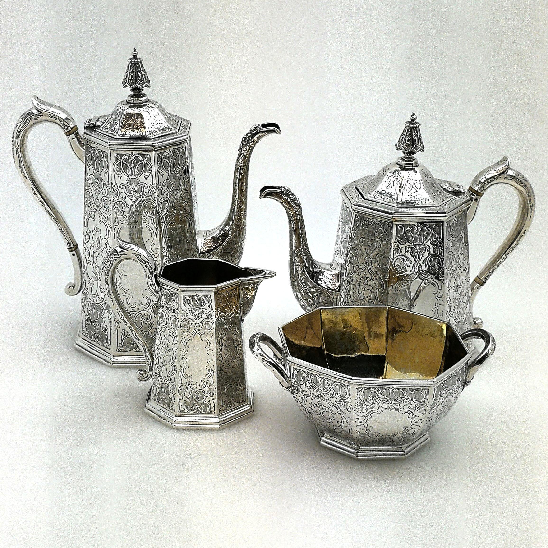 English Antique Victorian Sterling Silver Four-Piece Tea Set 1854 Teapot Coffee Pot