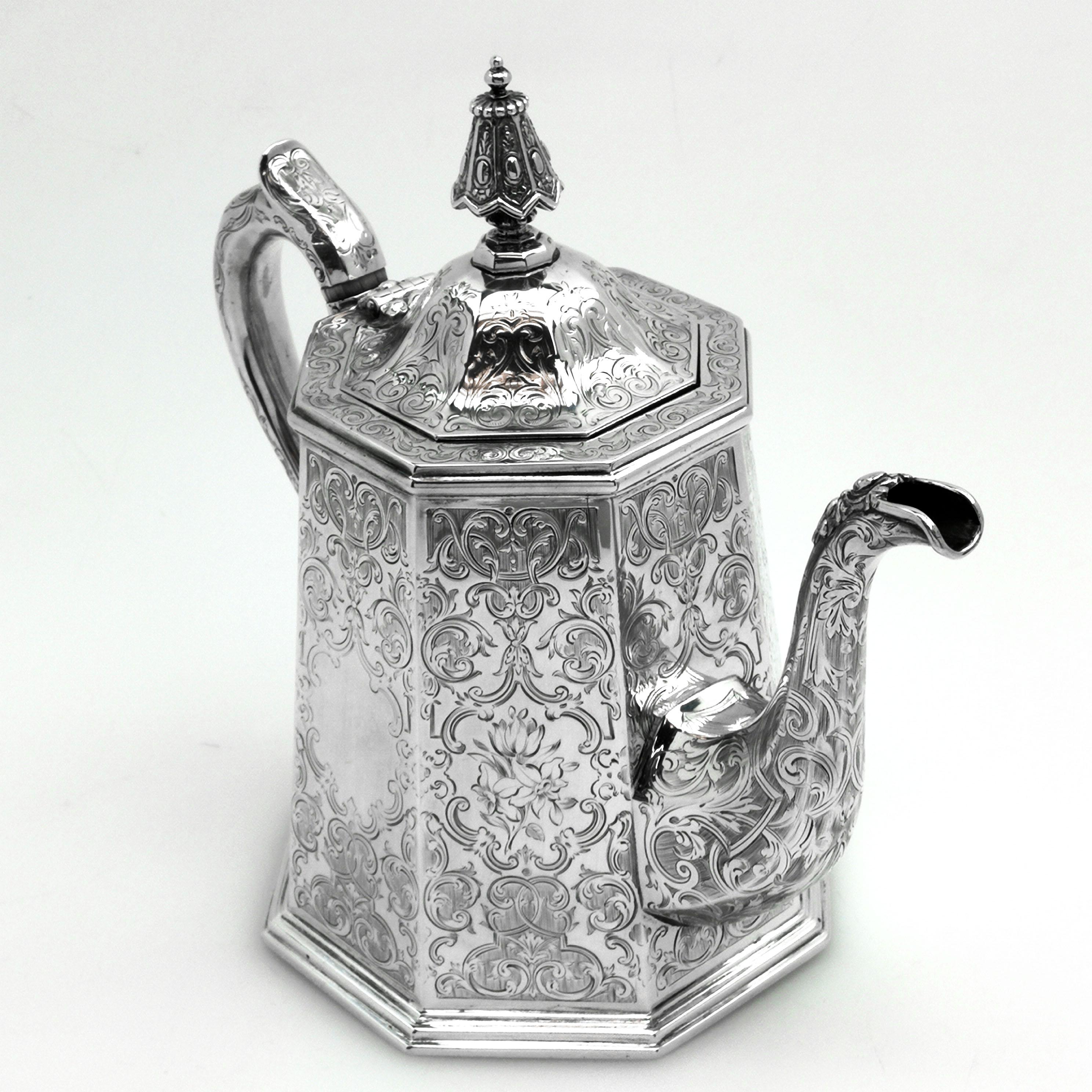 19th Century Antique Victorian Sterling Silver Four-Piece Tea Set 1854 Teapot Coffee Pot