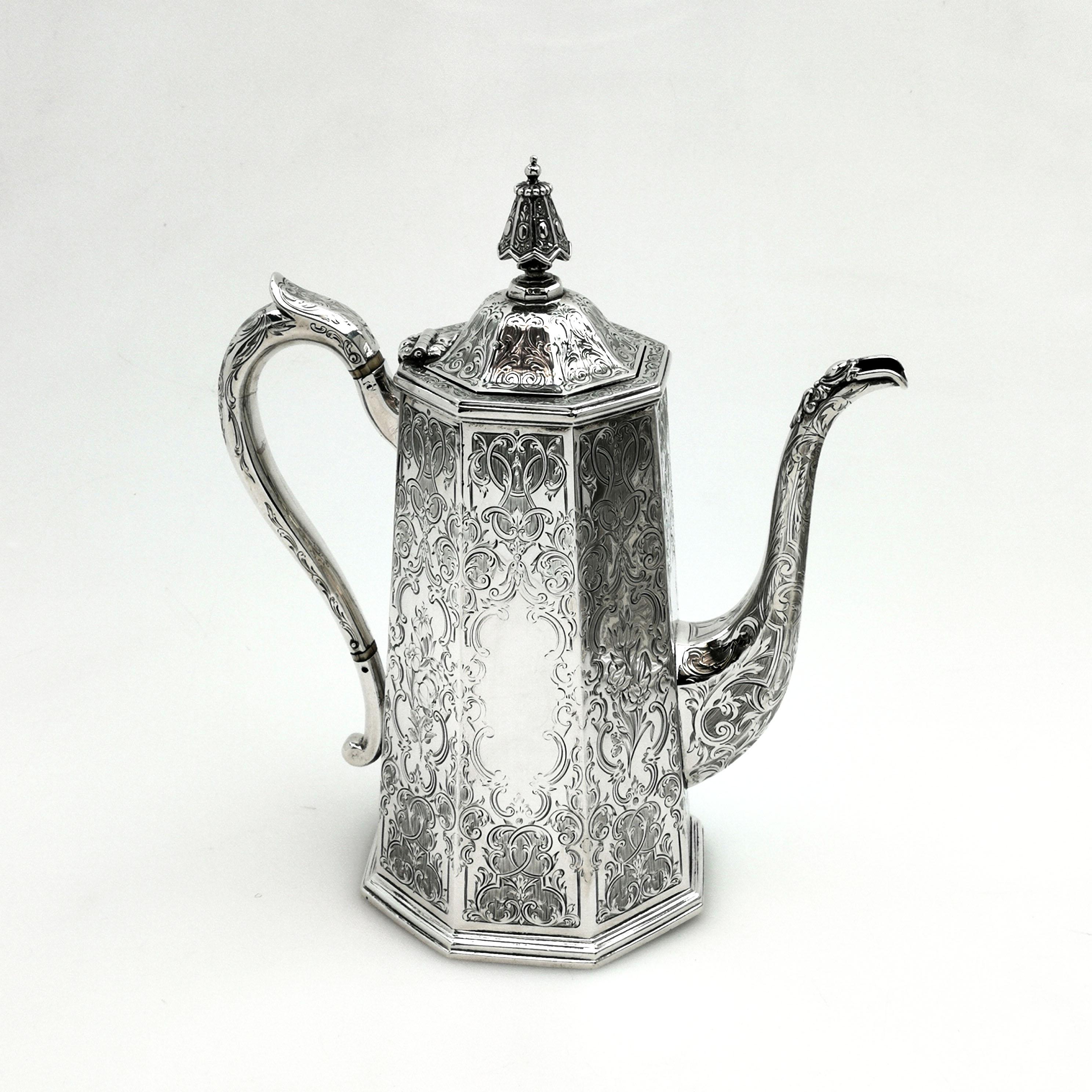 Antique Victorian Sterling Silver Four-Piece Tea Set 1854 Teapot Coffee Pot 2