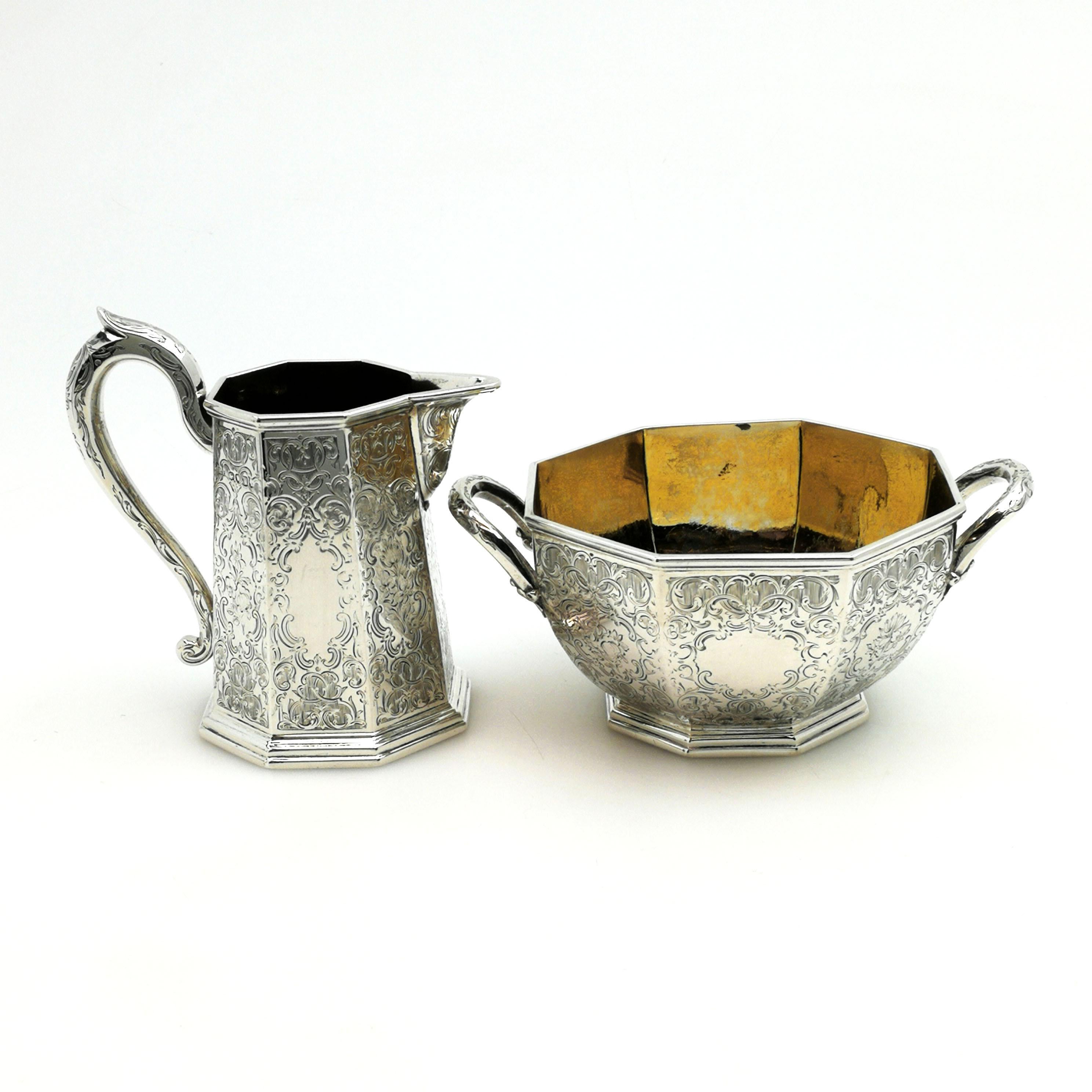 Antique Victorian Sterling Silver Four-Piece Tea Set 1854 Teapot Coffee Pot 3