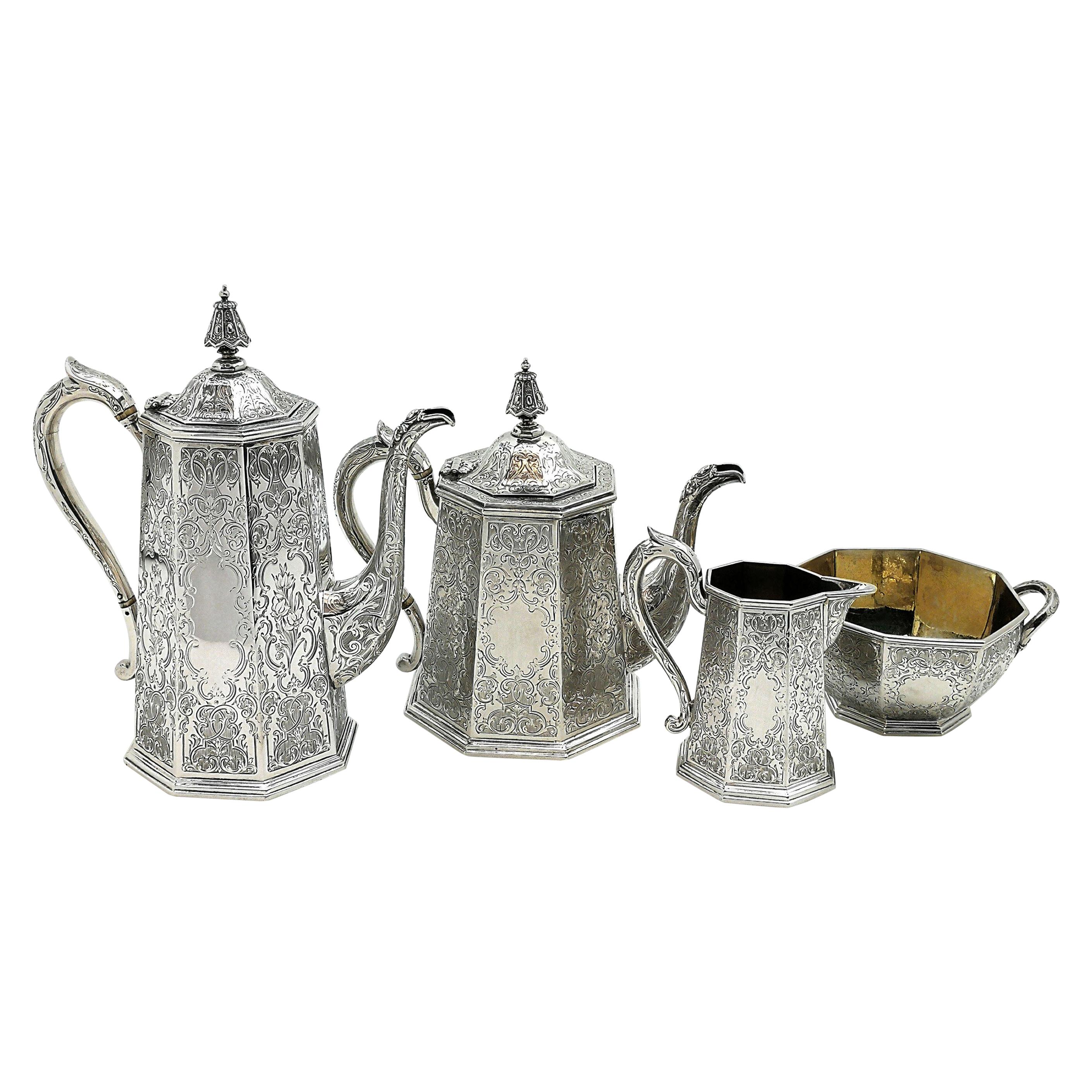 Antique Victorian Sterling Silver Four-Piece Tea Set 1854 Teapot Coffee Pot