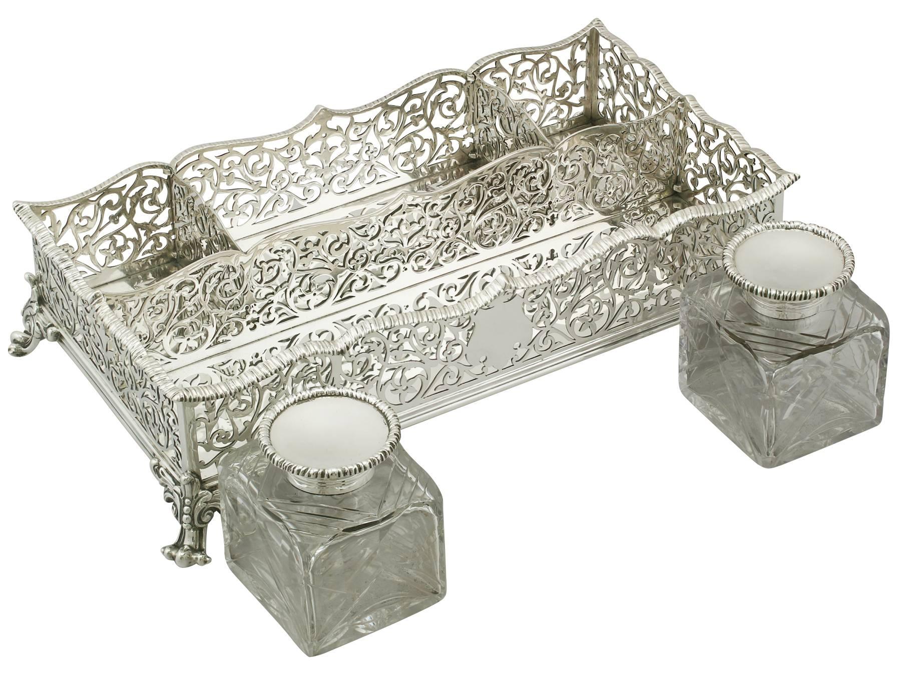 English Antique Victorian Sterling Silver Gallery Inkstand