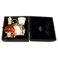 Used Victorian Sterling Silver Gilt and Cranberry Glass Communion Set