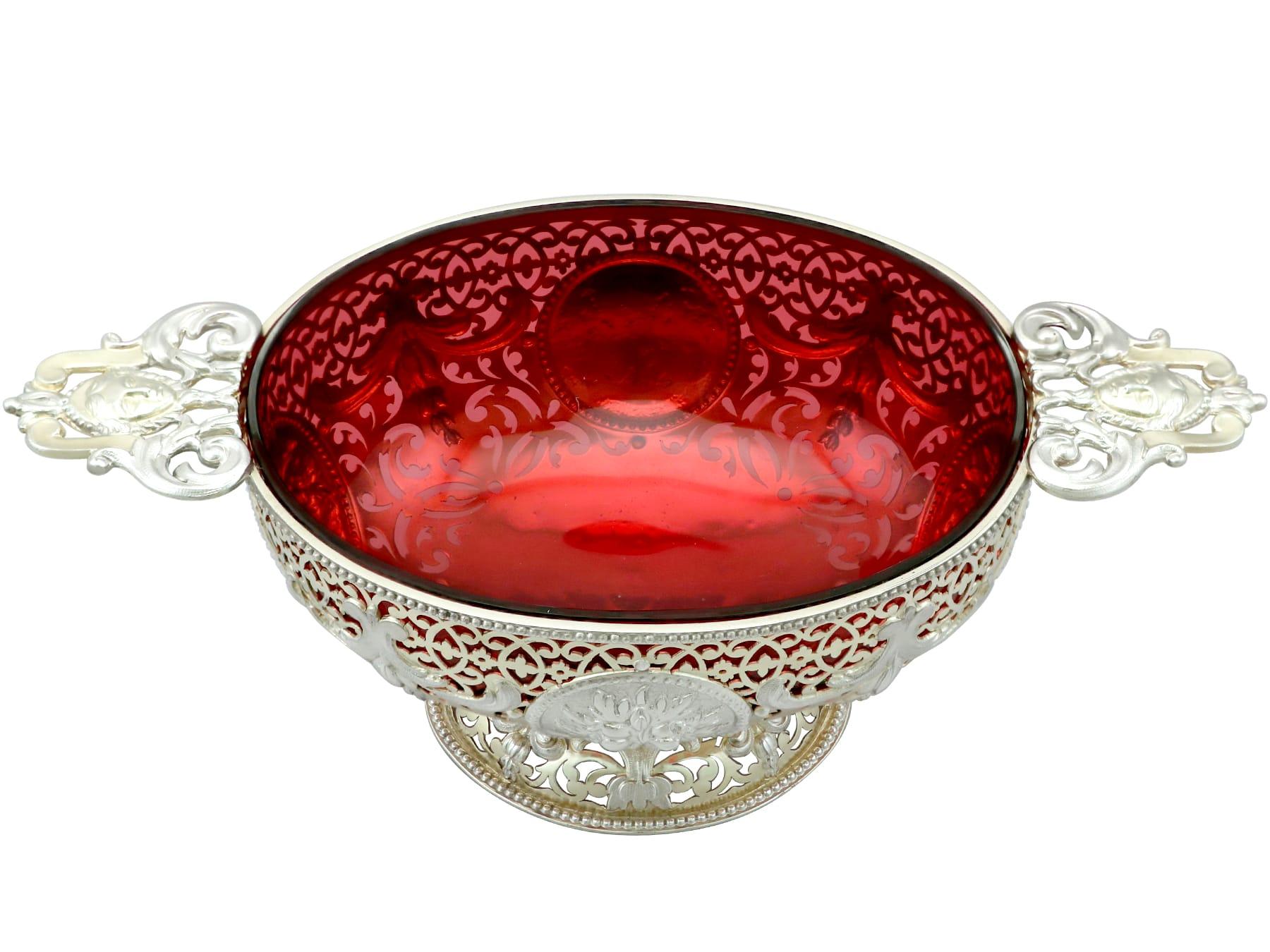 British Antique Victorian Sterling Silver Gilt and Cranberry Glass Dish  For Sale