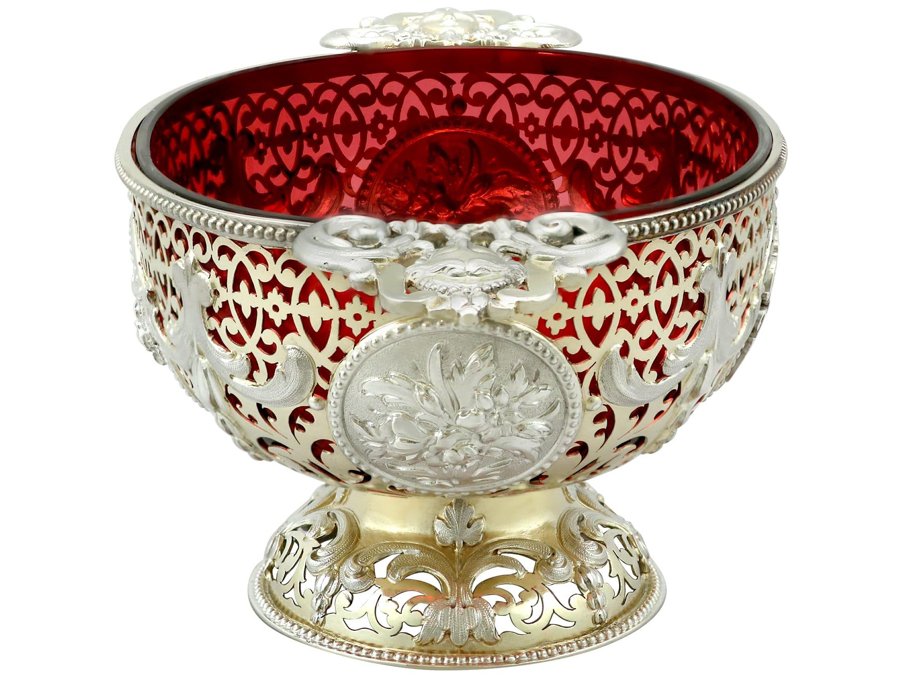 Mid-19th Century Antique Victorian Sterling Silver Gilt and Cranberry Glass Dish  For Sale