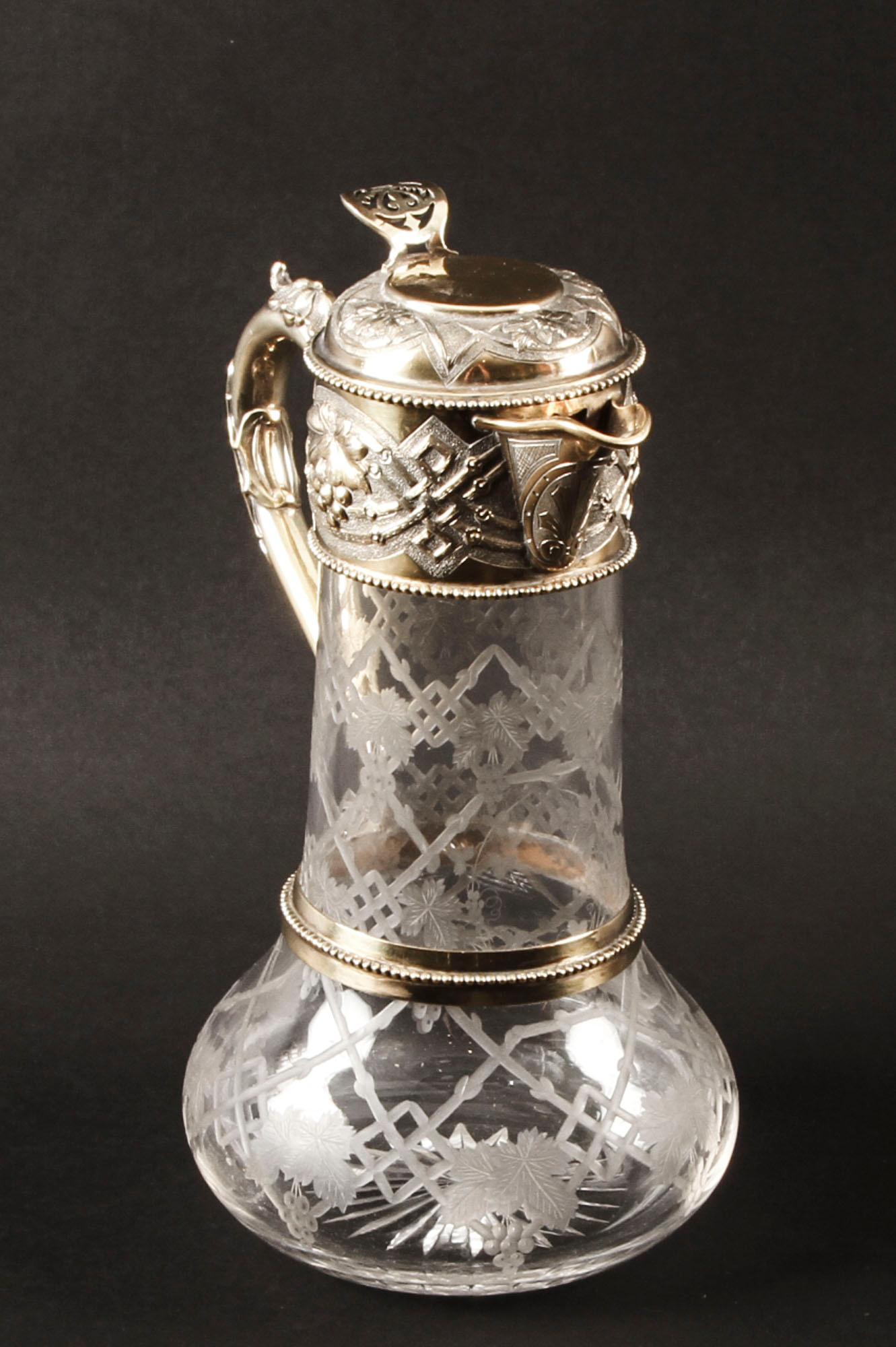 Pichet à vin victorien en argent sterling doré et cristal taillé 19ème siècle en vente 3