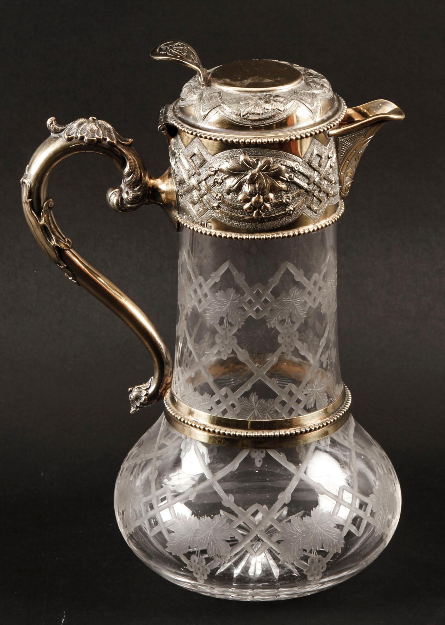 Victorian Sterling Silver Gilt and Cut Crystal Claret Jug, 1873, 19th Century For Sale 7