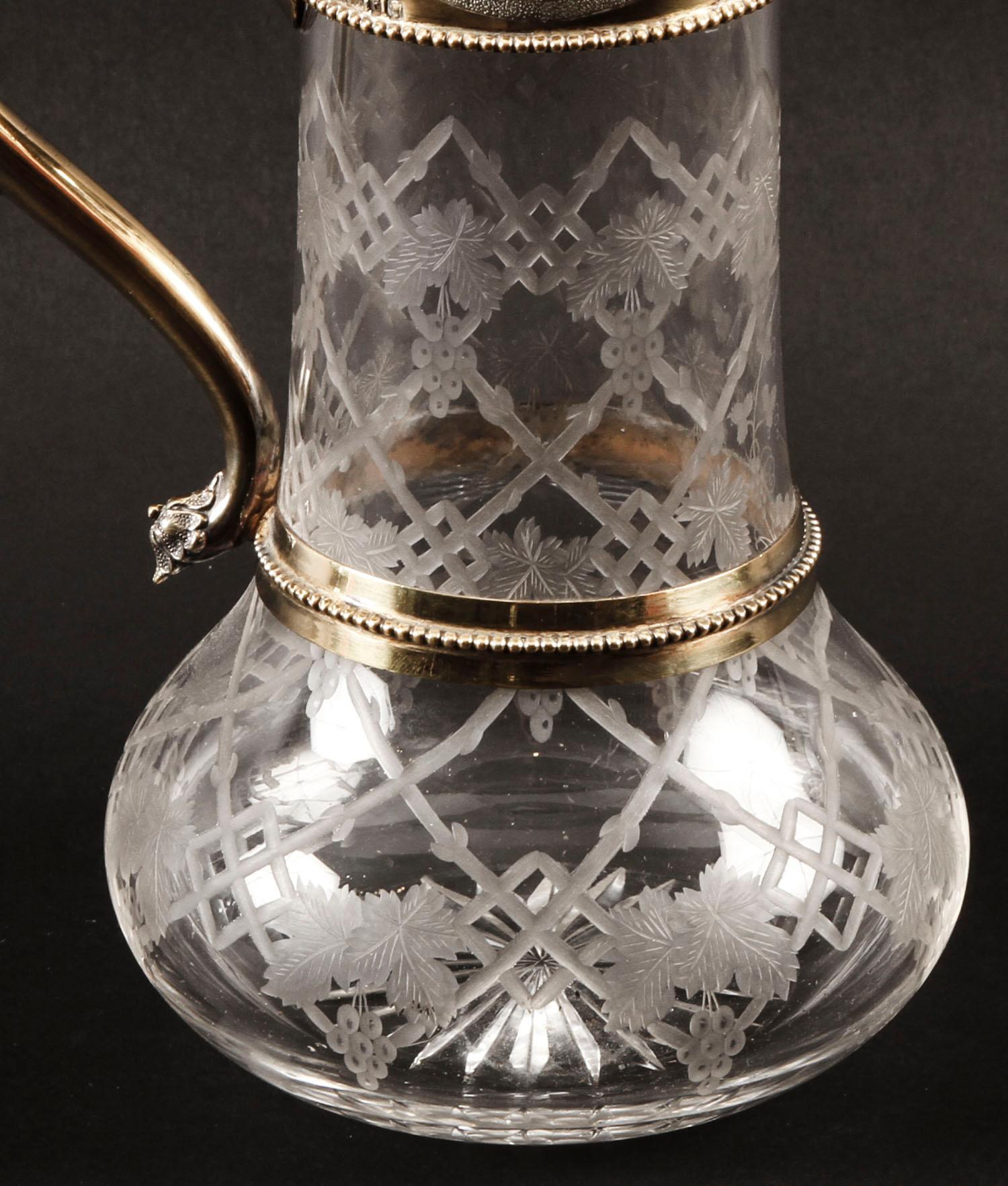 English Victorian Sterling Silver Gilt and Cut Crystal Claret Jug, 1873, 19th Century For Sale