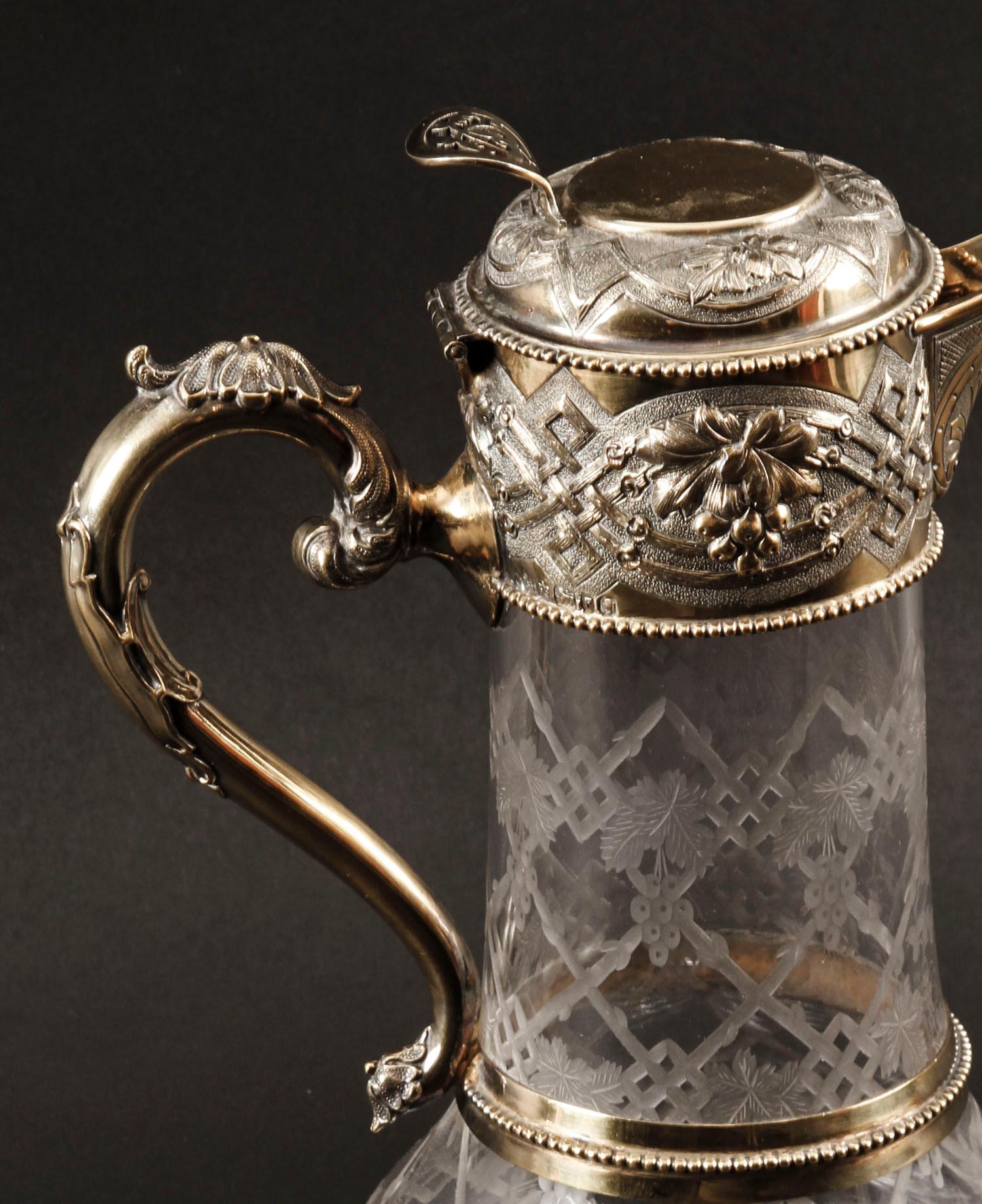 Late 19th Century Victorian Sterling Silver Gilt and Cut Crystal Claret Jug, 1873, 19th Century For Sale