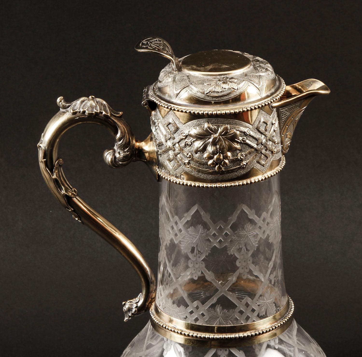 Victorian Sterling Silver Gilt and Cut Crystal Claret Jug, 1873, 19th Century For Sale 1