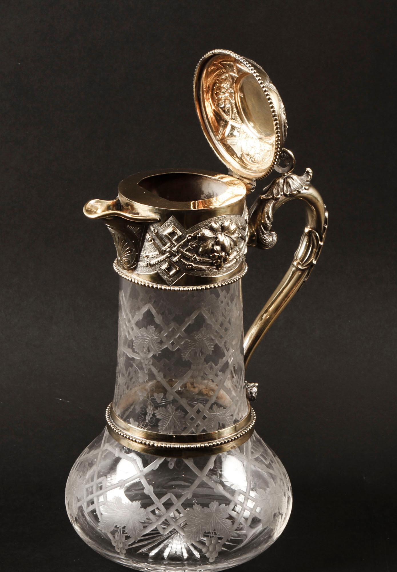 Victorian Sterling Silver Gilt and Cut Crystal Claret Jug, 1873, 19th Century For Sale 3