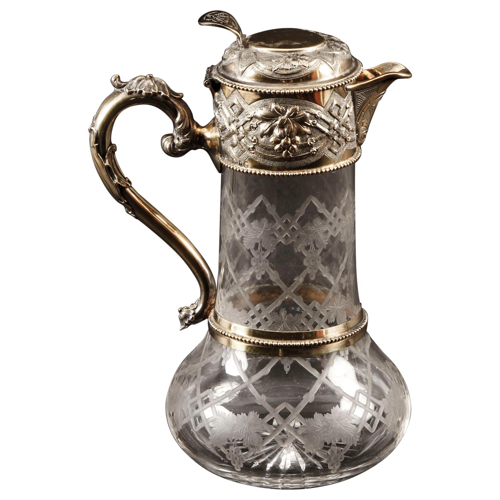 Victorian Sterling Silver Gilt and Cut Crystal Claret Jug, 1873, 19th Century